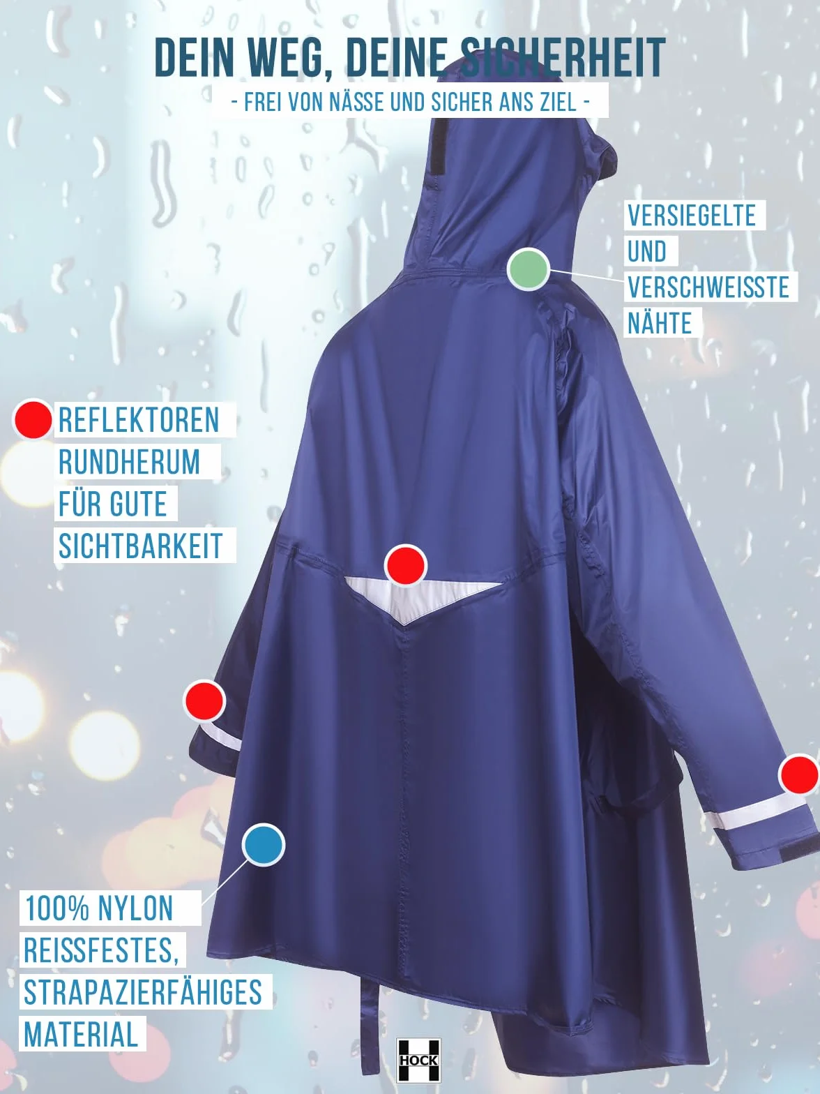 HOCK Poncho de lluvia premium para bicicleta eléctrica con mangas – adecuado para cascos – Chubasquero 100% impermeable, Marine, XL