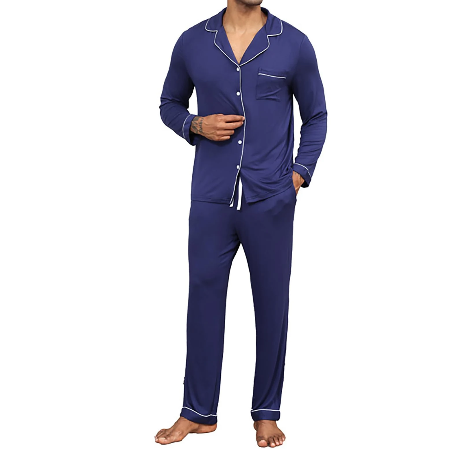 Conjunto de pijama de satén para hombre, ligero, para descansar | Ropa de dormir con botones y bolsillos, pijamas de manga larga, pantalones con botones, conjunto de pijama de seda para