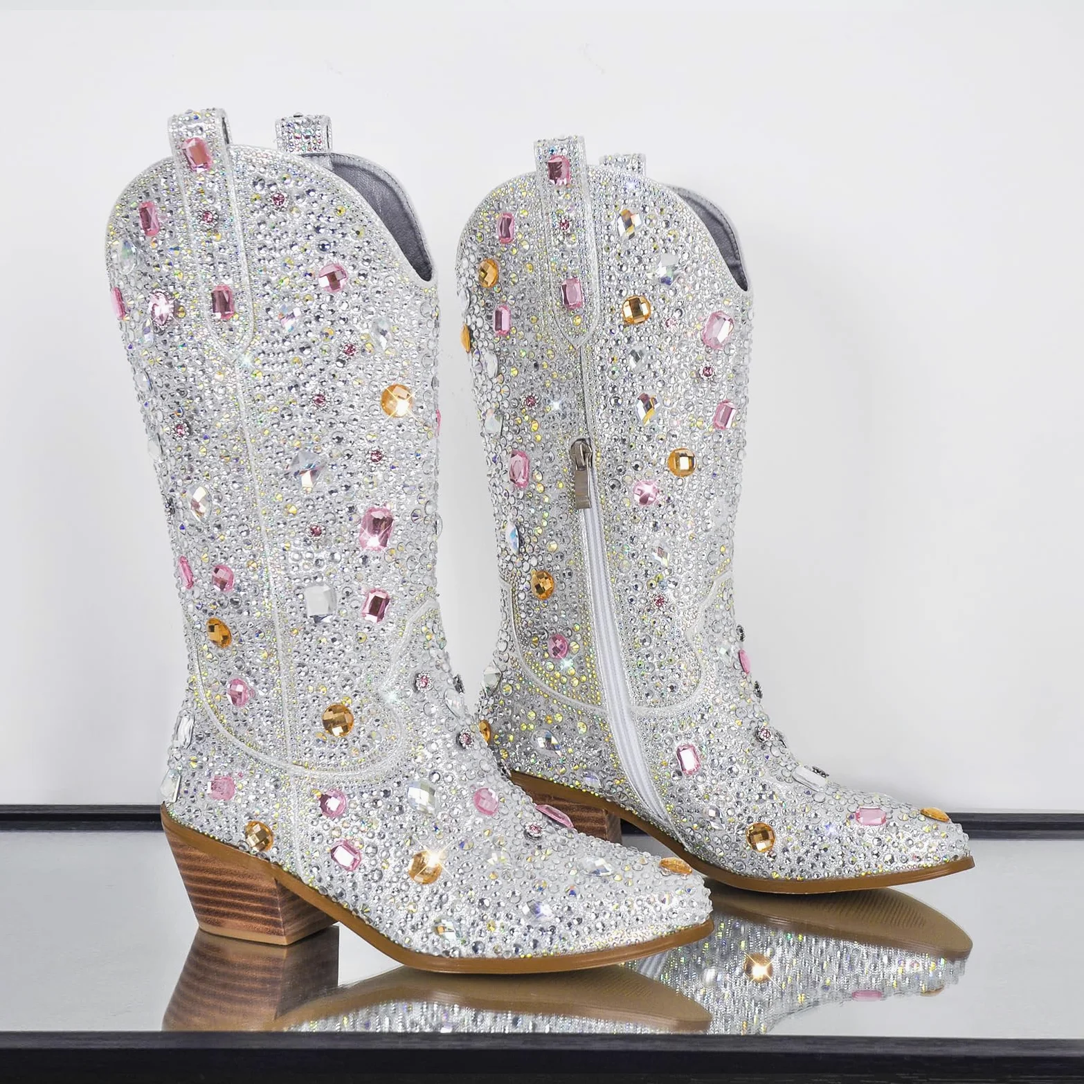 MissHeel Botines de vaquero brillantes con tacón de embudo con purpurina, botas occidentales decoradas con piedras preciosas