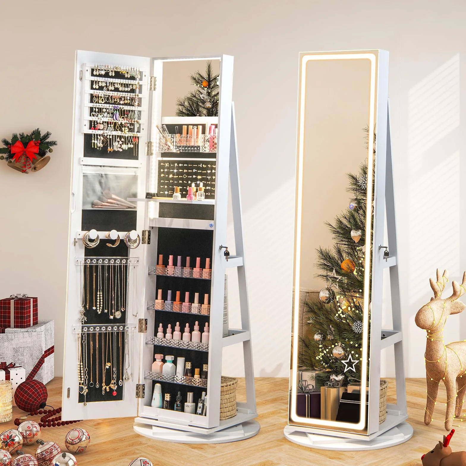 RELAX4LIFE Armario Joyero con Base Giratoria 360°y Espejo Cuerpo Entero, Espejo Joyero de Pie con Luces LED Luminosas, Organizador para Joyas y Accesorios (Blanco, 54,5x54,5x160 cm)
