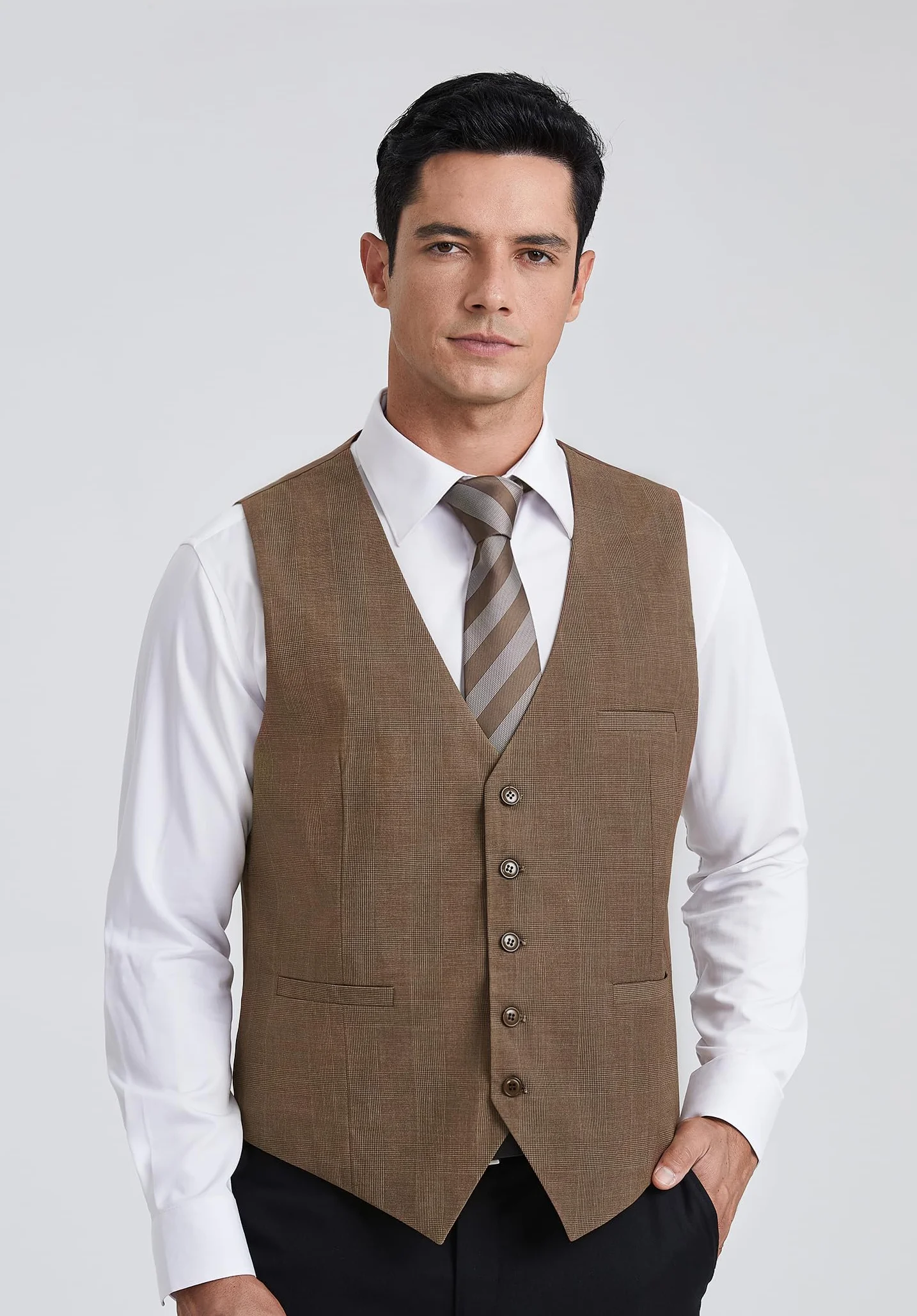 HISDERN Chalecos de Cuadros para Hombre de Vestir Chaleco Traje Escoces Algodón Clásico Formal Elegante Boda Bolsillos