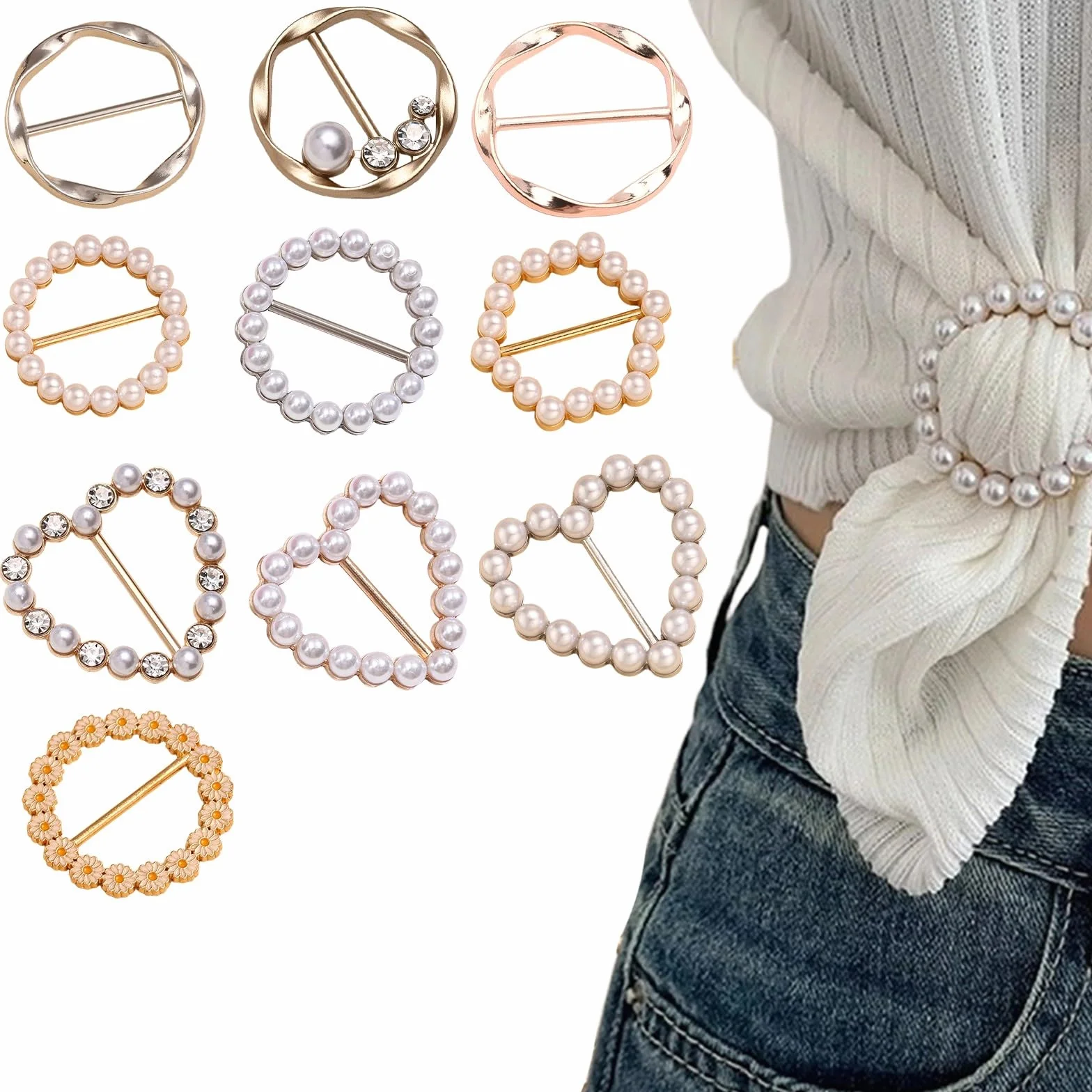 10 Piezas Bufanda de Seda Hebilla Clips de Corbata de Camiseta Mujer Scarf Ring Clip Hebillas para Pañuelos Perla Aleación Anillo de Chal y Broche para Ropa Decoración