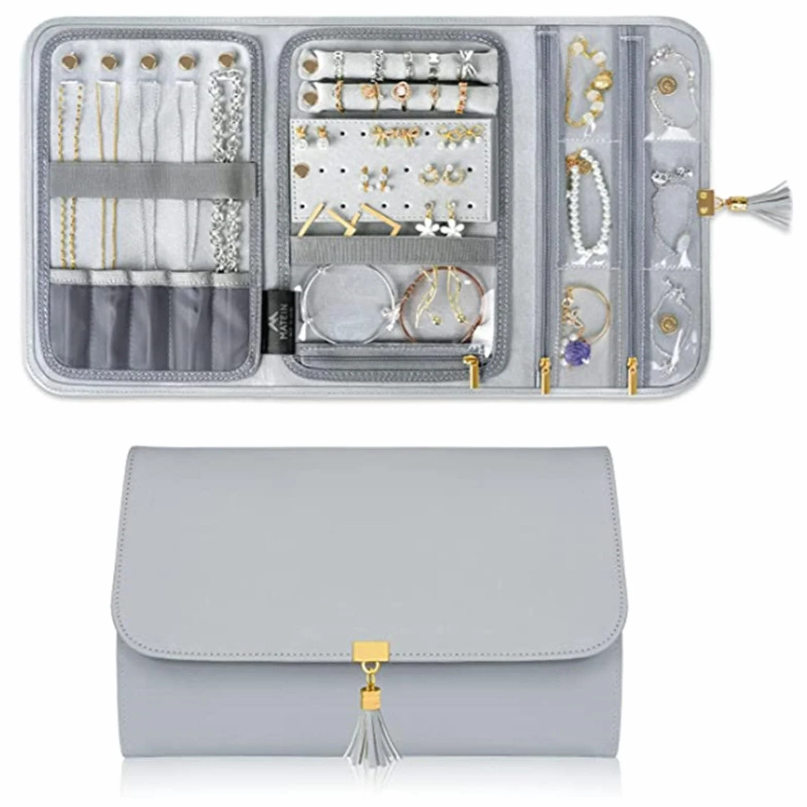 Rollo de Joyería Plegable Portáti Gran Capacidad Bolsa de Rollo de Joyería Portáti Enrollable Suave para Joyería Caja Joyero Portátil para Collares,Pendientes,Anillos, Pulsera,Pendientes Anillos(Gris)