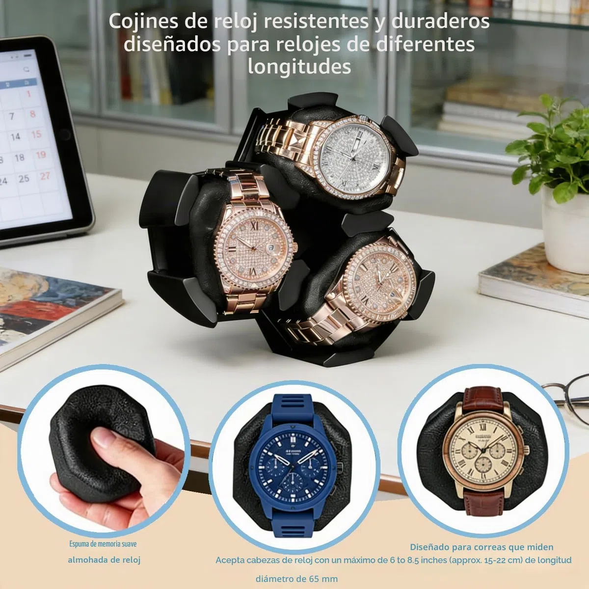 Caja Relojes Automaticos, Caja Reloj Automatico en Madera de Nuez, 5 Modos de Rotación y Parada Automática al Abrir, Antimagnético con Motor Silencioso