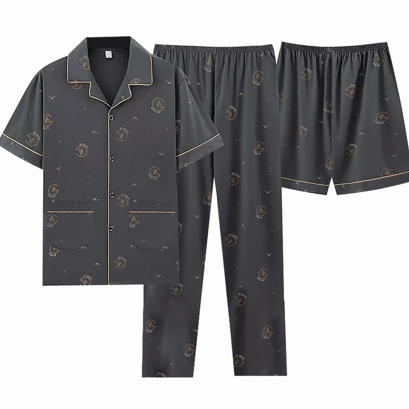 Pijama de 3 piezas para hombre, 3 piezas, conjunto de pijamas Y2K, manga corta, pijama con botones, pijama para hombre, ropa de noche, ropa de dormir, ropa de dormir, ropa de dormir, ropa de dormir