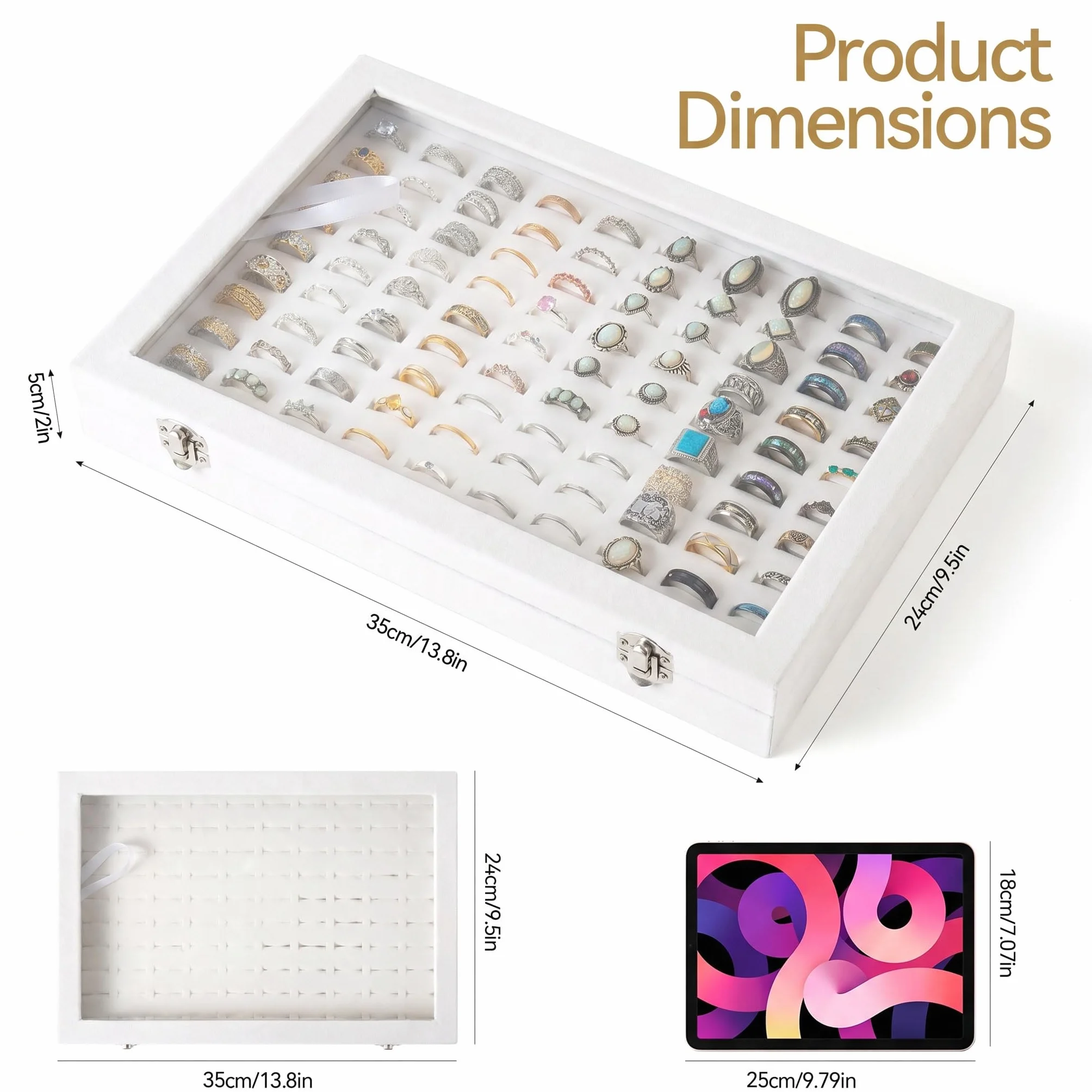 Frebeauty Bandeja organizadora de anillos con 100 ranuras para anillo con tapa transparente, caja de almacenamiento de anillo de terciopelo, bandeja de anillo(Blanco)