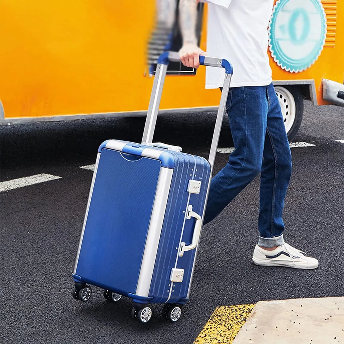 Estuche Rígido Equipaje Trolley Case Rueda Universal Pareja Maleta Hombres y Mujeres Embarque Equipaje Marco de Aluminio Caja de contraseña (Color : Blue)