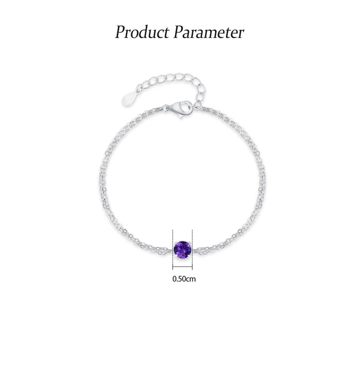 Pulseras para mujer, pulsera de cadena para mujer, cadenas de doble capa con amatista redonda y oro blanco de 0,5 quilates