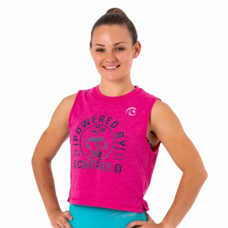 Camiseta sin Mangas Mujer Ecoactive WOD Tank Powered by Coffee Pink/Navy, Camiseta Deportiva Crop, Tejido Ecoactive, Back Loop, Costuras Planas, para Correr o Cross-Training