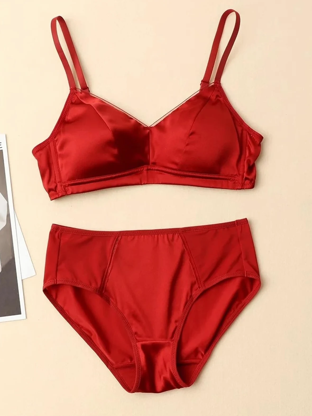 TOSOFT Conjuntos De Sujetador Y Bragas De Seda For Mujer Conjunto De 2 Bralette Y Bragas Sin Costuras Color Rojo Conjunto De Lencería Fina For Novia Y Boda