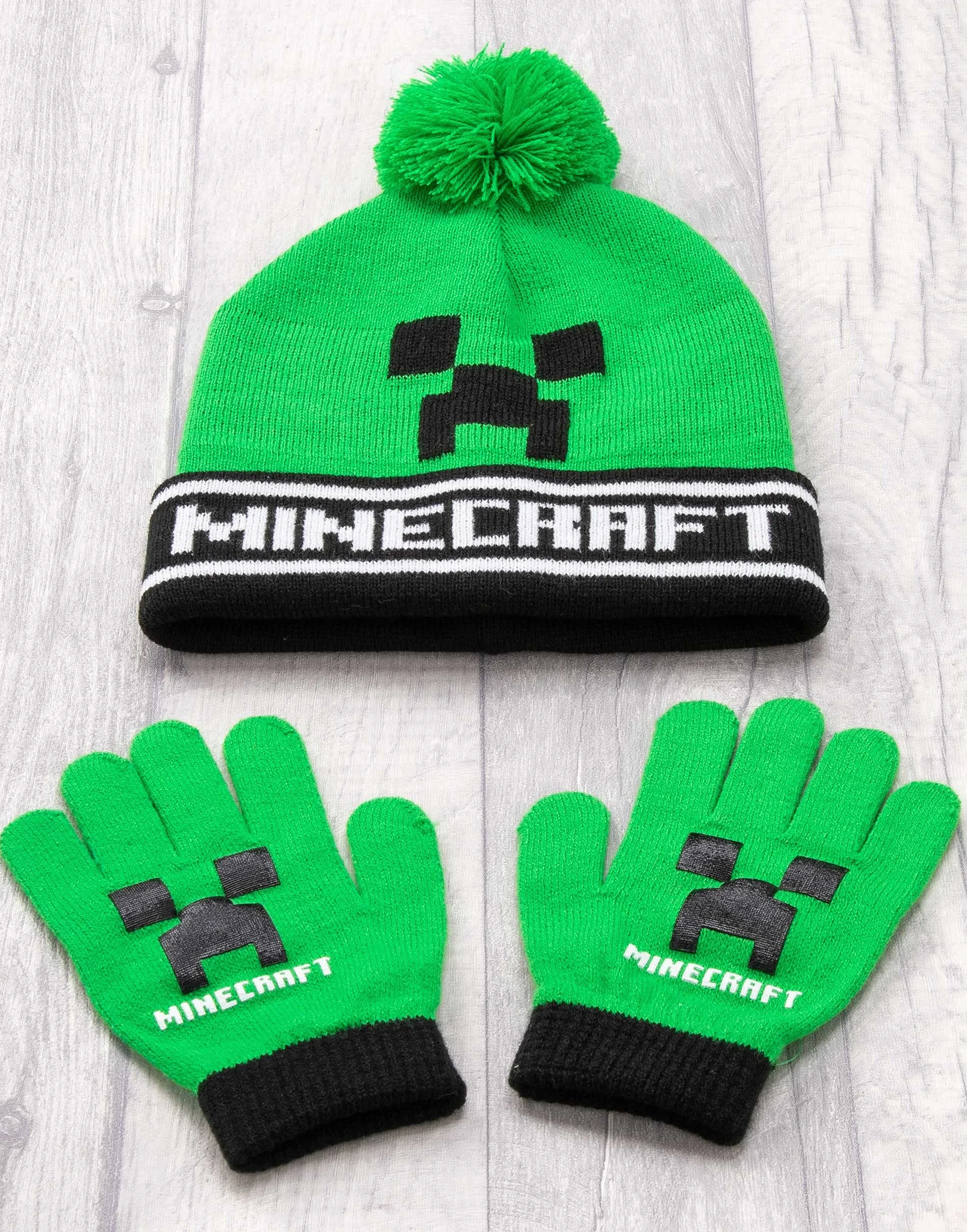 Minecraft Kids Bobble Hat Gloves Set Creeper - Gorro de punto para gamer, talla única, Negro, talla única