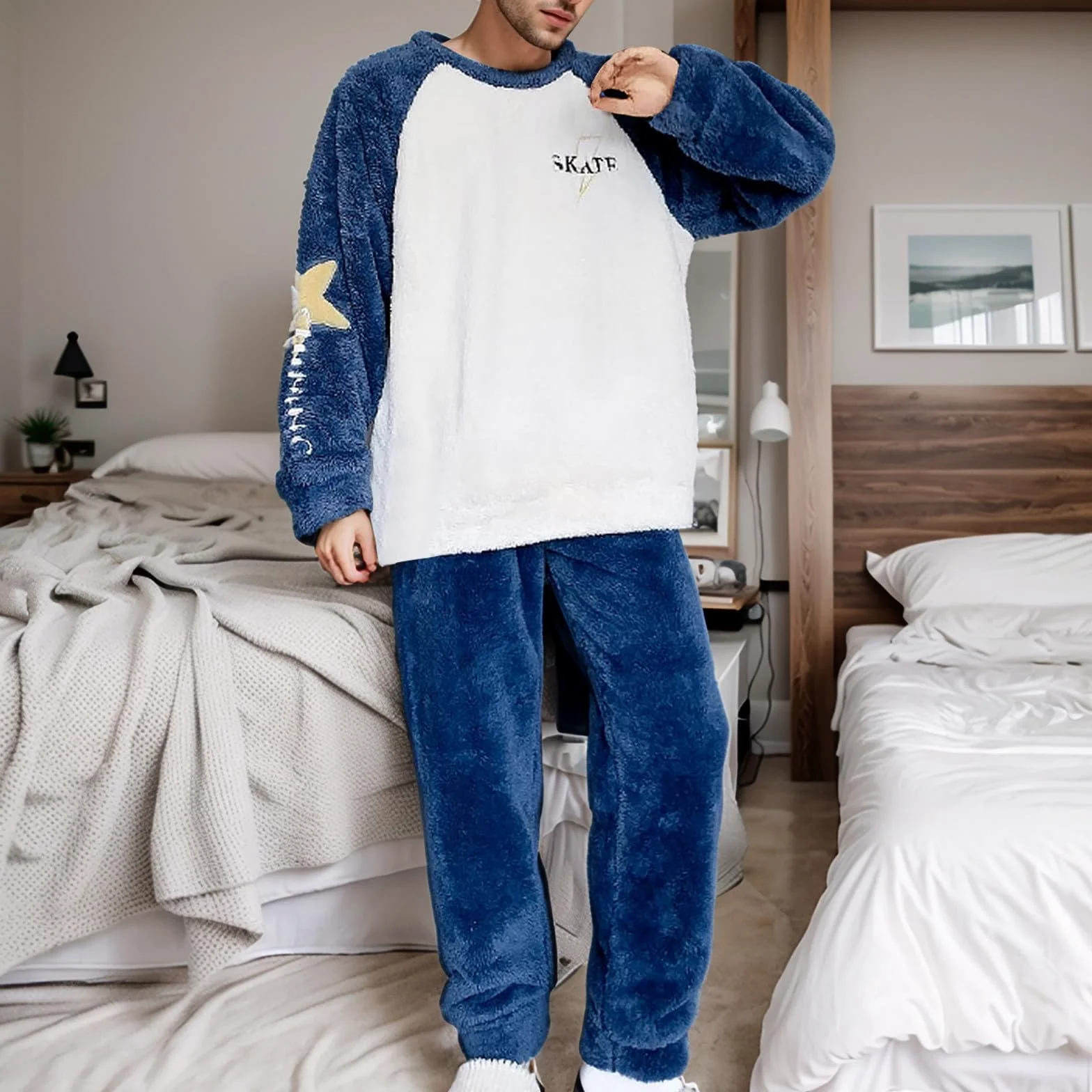Generisch Pijama de franela para hombre, juego de pijama largo de invierno, conjunto de dos piezas, pijamas de forro polar, ropa de casa cálida, talla grande, camiseta de dormir + pantalones de pijama