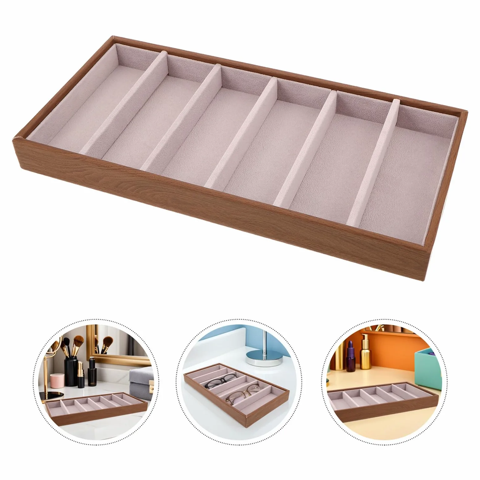 Housoutil Bandeja Organizadora de Gafas de Sol de Madera Compartimentos para Joyas, Estuche Rígido para Almacenamiento en Mesita de Noche, Exhibidor Multifuncional para Gafas y Accesorios