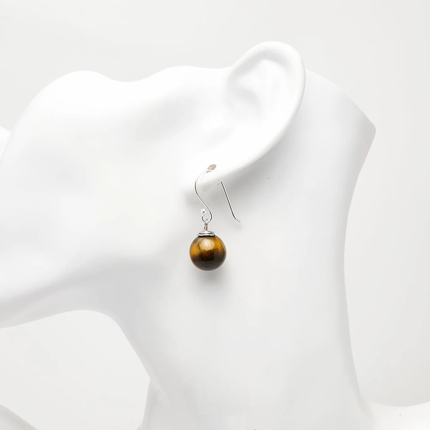Pendientes colgantes de plata de ley con ojo de tigre marrón 12 mm hechos a mano para mujer