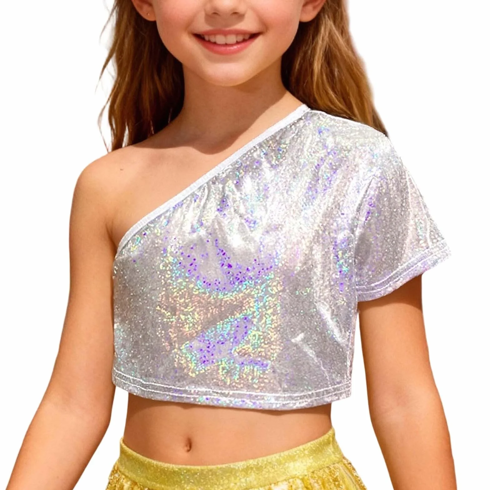 Camiseta para niña 2026, camiseta de niña con parte superior sin hombros y microestampado integral, camiseta deportiva de color liso casual con cuello redondo negro