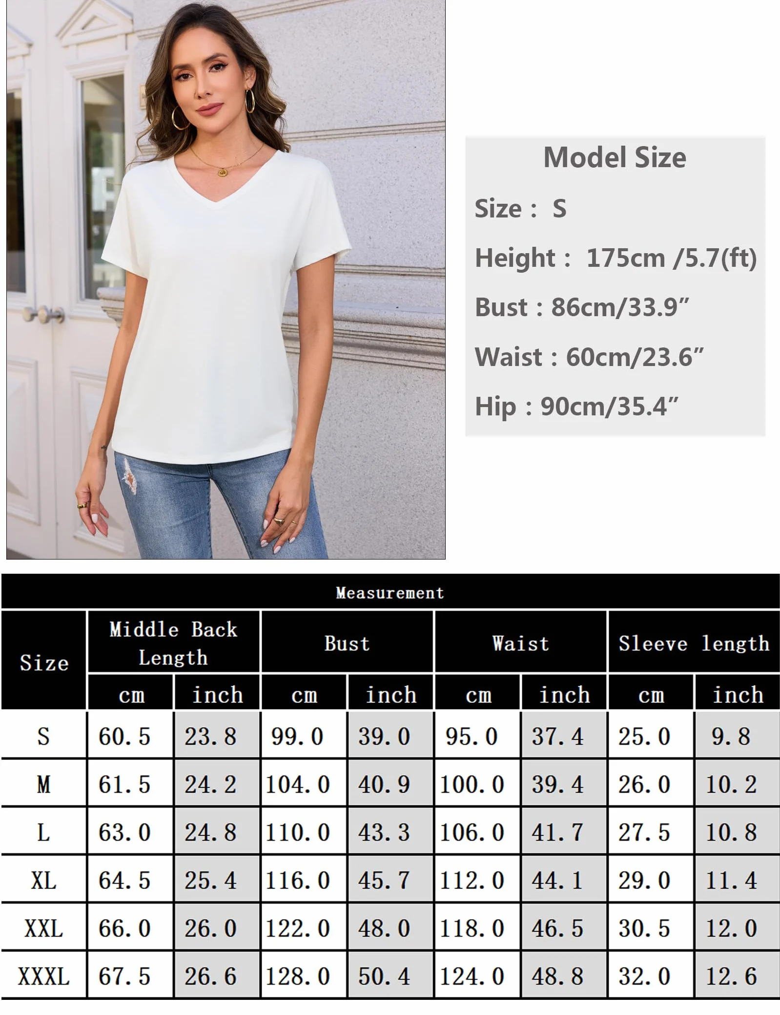 Camiseta Básica Mujer Verano Manga Corta Cuello en V Blusas Elástico Ligero Color Sólido Camisetas Casuales Top S-XXL