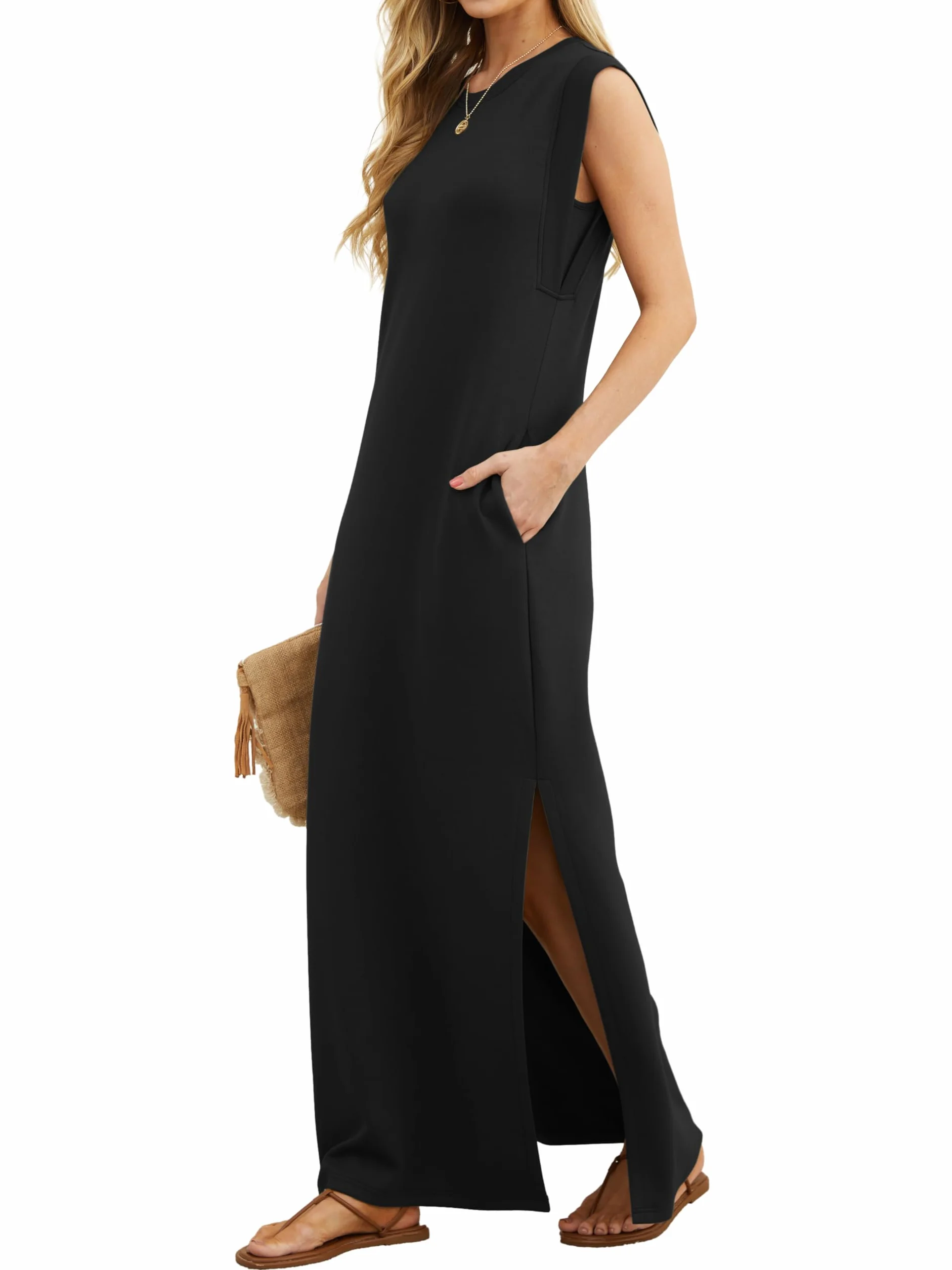 Vestido largo sin mangas para mujer GRECERELLE, estilo camisero informal de verano, con abertura y bolsillos