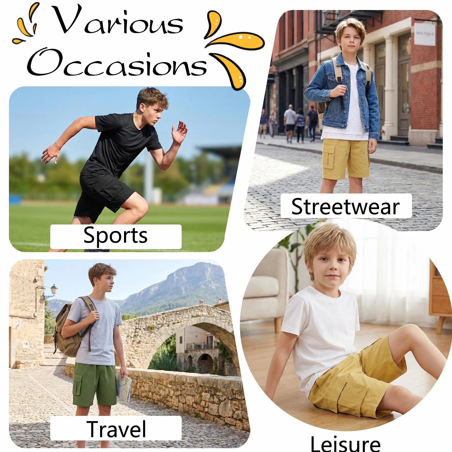 Shorts Cargo Niños Cintura Elástica Múltiples Bolsillos Baggy Ligero Deportivos Transpirable Pantalón Casual Streetwear 7-15 Años