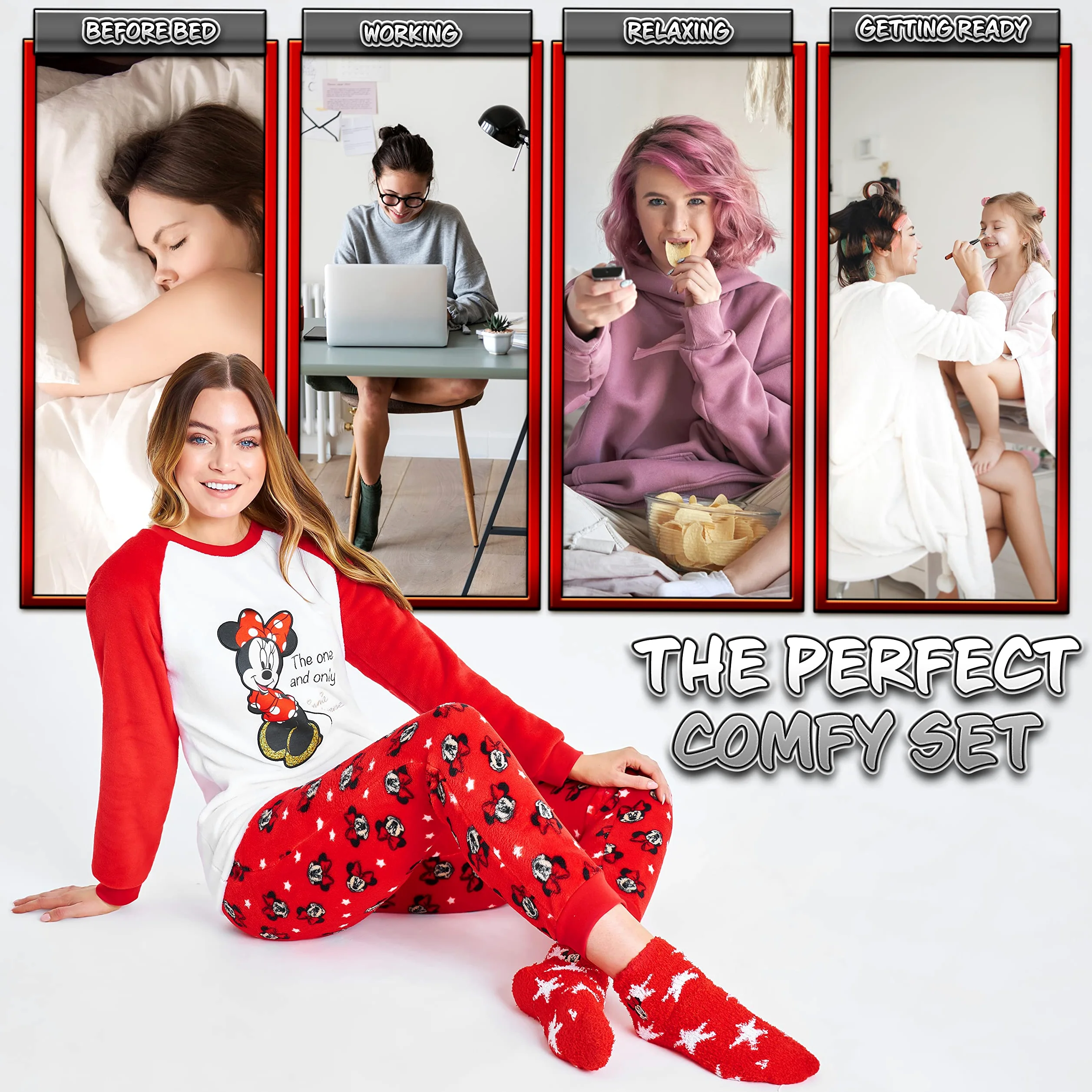 Disney Pijama Mujer Invierno de Polar con Calcetines Stitch Mickey Minnie Baby Yoda (Blanco/Rojo Minnie, S), 8691