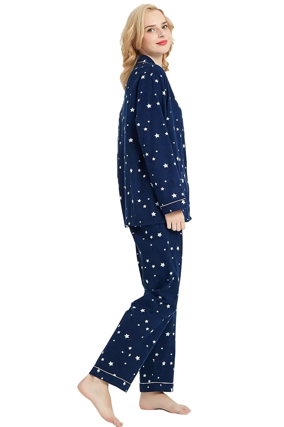 GLOBAL Pijamas Mujer Franela, Pijamas Algodon Mujer Largos, Conjunto de Pijama Suave y Cómodo, Camisones Mujer Botones, Cintura Elástica Ajustable，Regalo Mujeres,