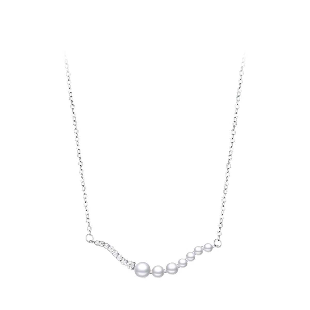 Collar de Oro Blanco 9K / 14K / 18K para Mujer, Líneas Irregulares y Perlas con Moissanita, Collar Colgante Cadena de Plata Mujer