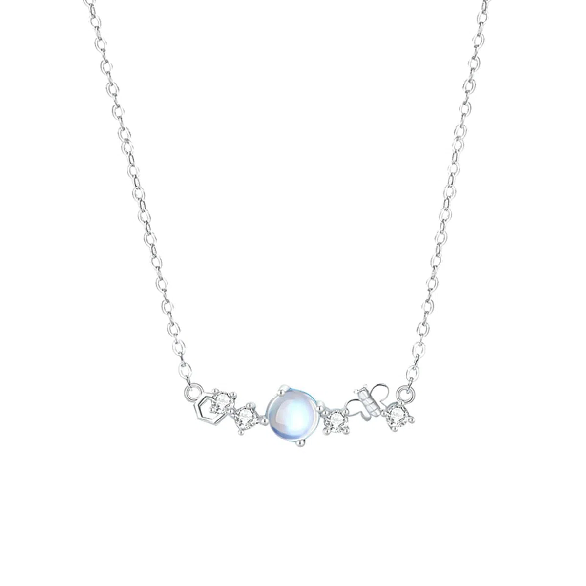 Collar con colgante para mujer de oro blanco 750 585 375, colgante de piedra de luna y abeja con diamante de oro blanco, cadena para mujer, 45 cm, sin níquel