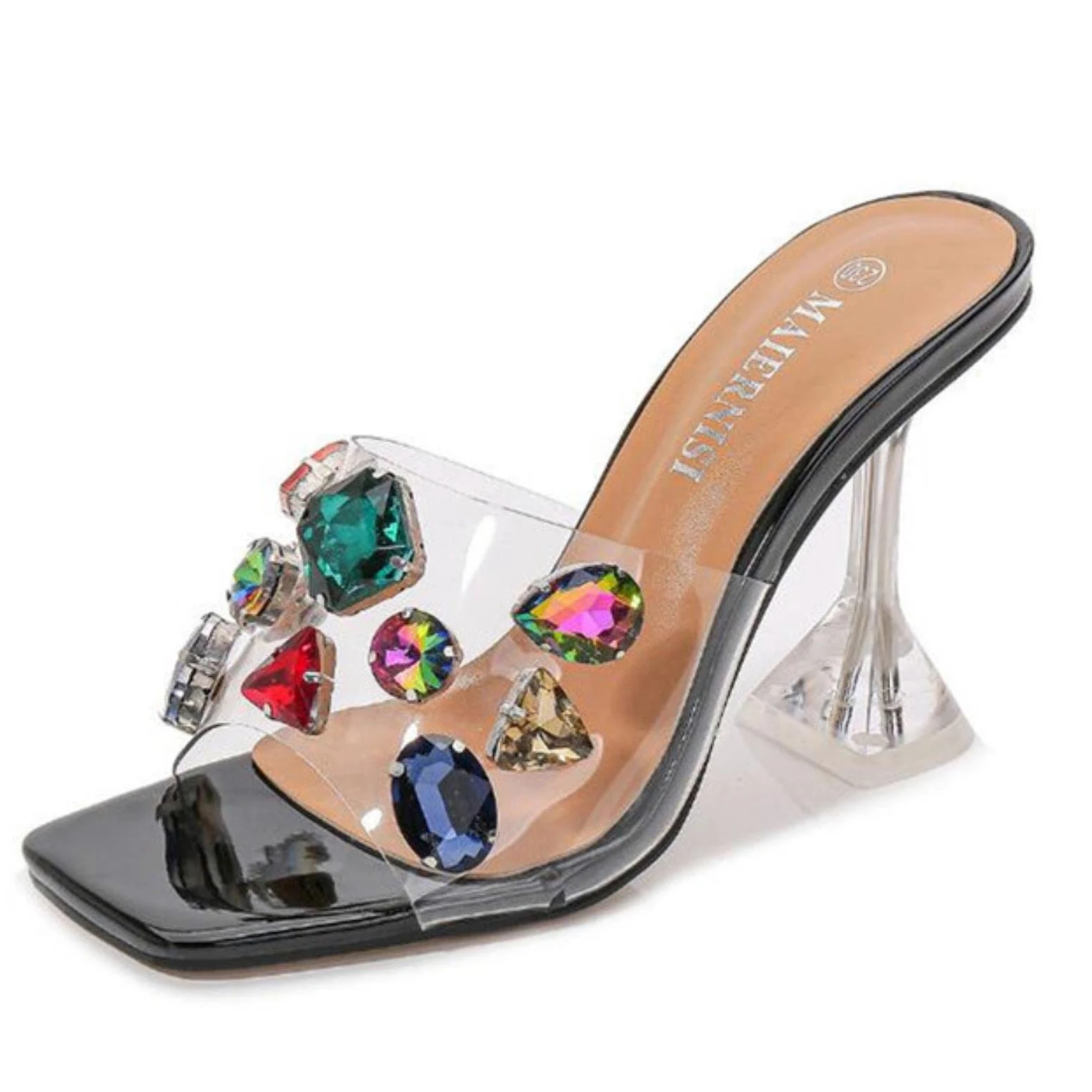 Verano Moda Cristal Diamante Diapositivas Claro Transparente Zapatillas Mujer Zapatos Peep Toe Delgados Tacones Hihg Vestido Bombas