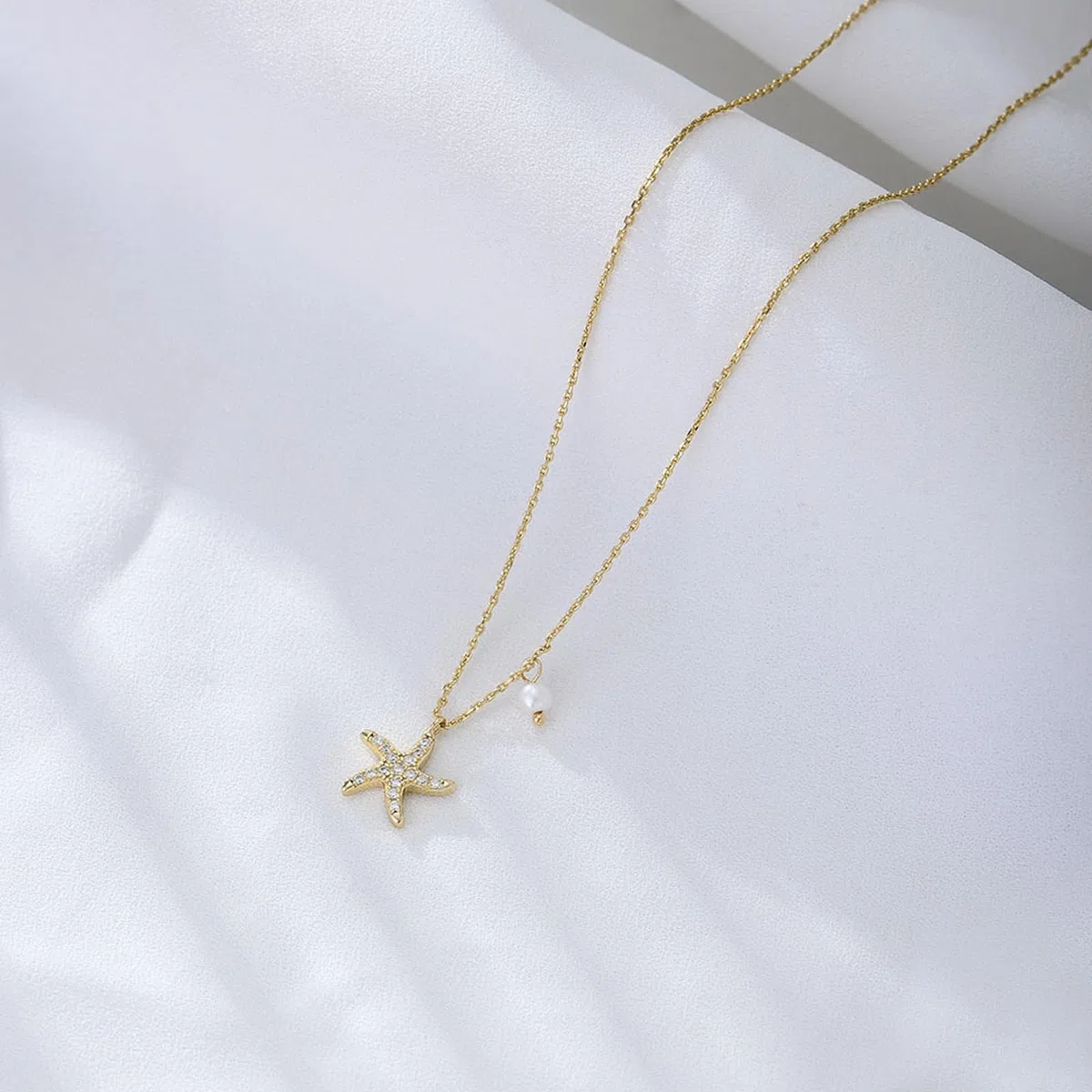 Collar con colgante de moissanita para mujer, oro amarillo de 9 quilates, 14 quilates, 18 quilates, 12,3 mm, con colgante de estrella de mar y perla, cadena Rolo: 40 + 5 cm