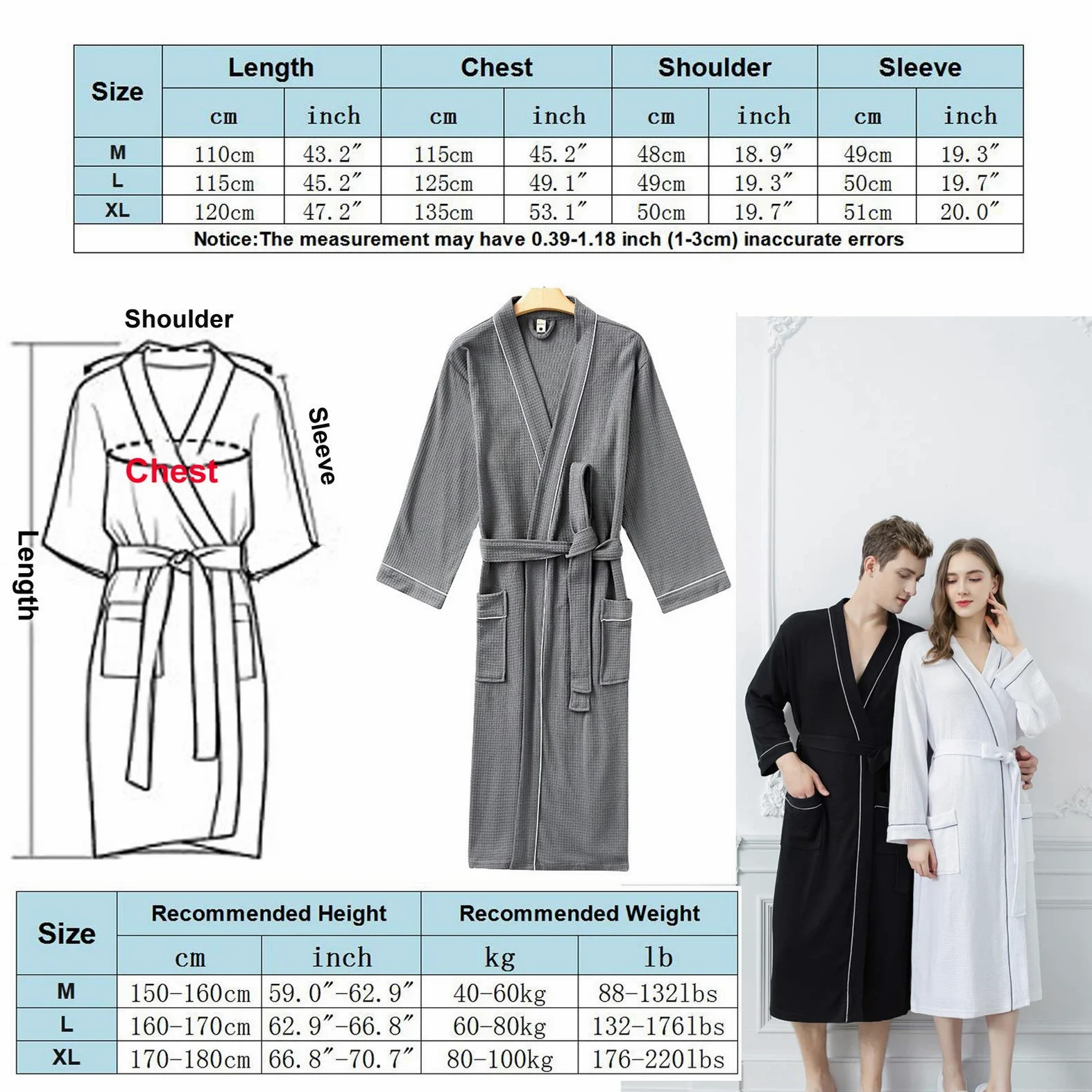 Albornoz de algodón de punto, kimono largo, con bolsillos para hombres y mujeres, spa y piscina de hotel