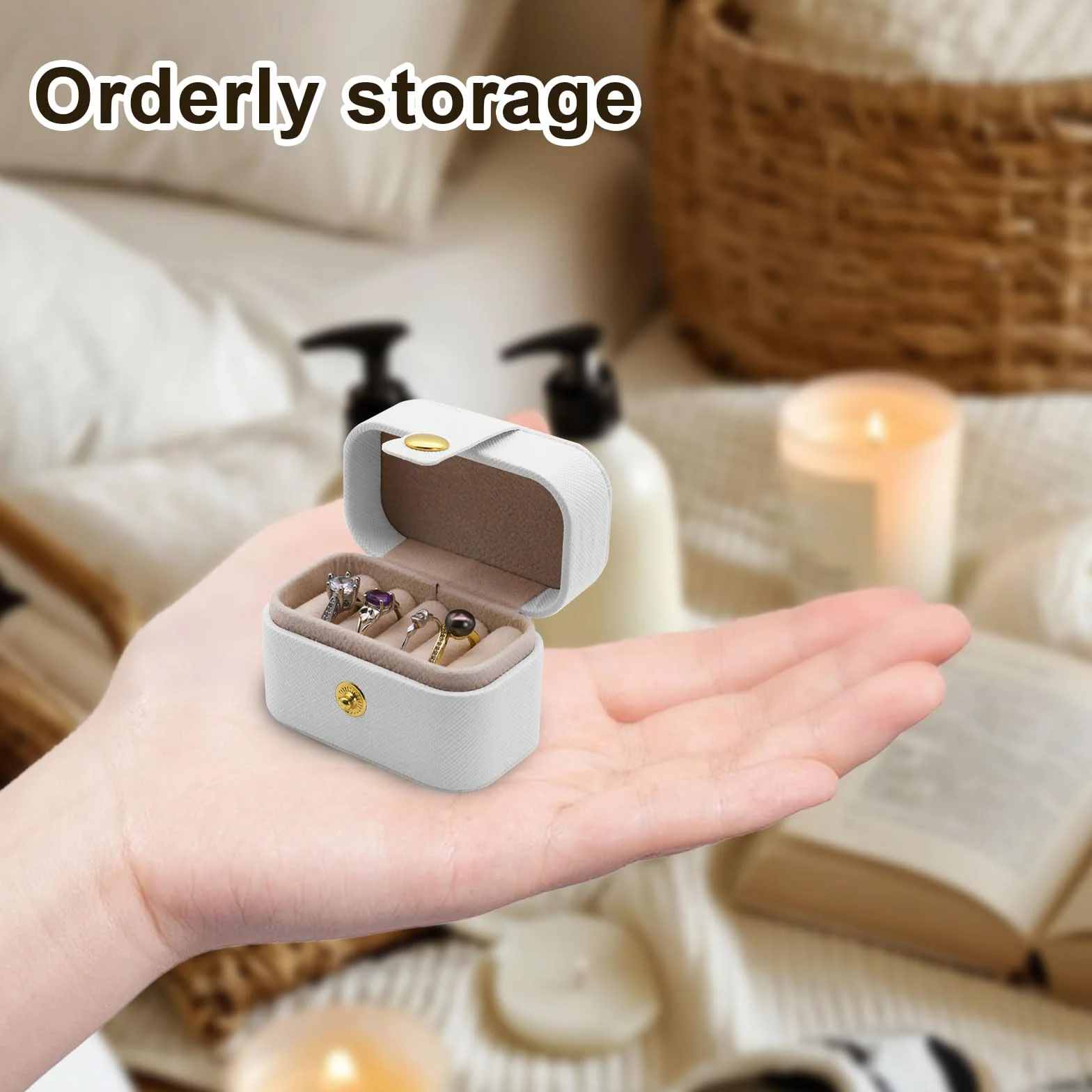 Caja para Anillos de Viaje Joyero Piel Sintética 4 Ranuras Portátil Ring Box (Blanco)