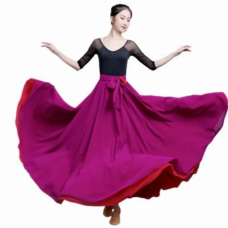 Falda Larga de Gasa con Dos Lados en Contraste de Color de 8M for Primavera y Verano, Estilo Bohemio(Purple Red,XL)