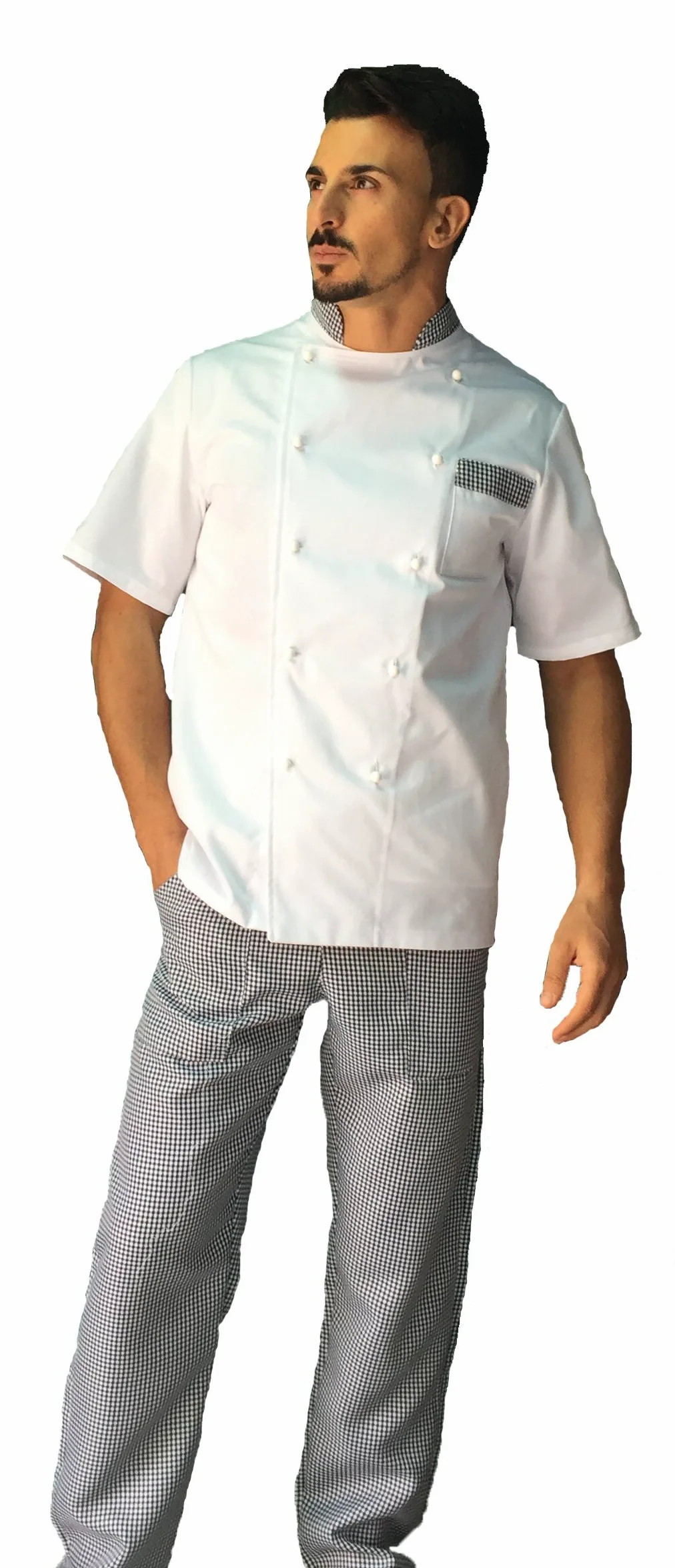 Bordado gratuito – Conjunto de cocina – Uniforme de cocinero Pied de Poule – Chaqueta de manga corta, pantalón y delantal – Fabricado en Italia