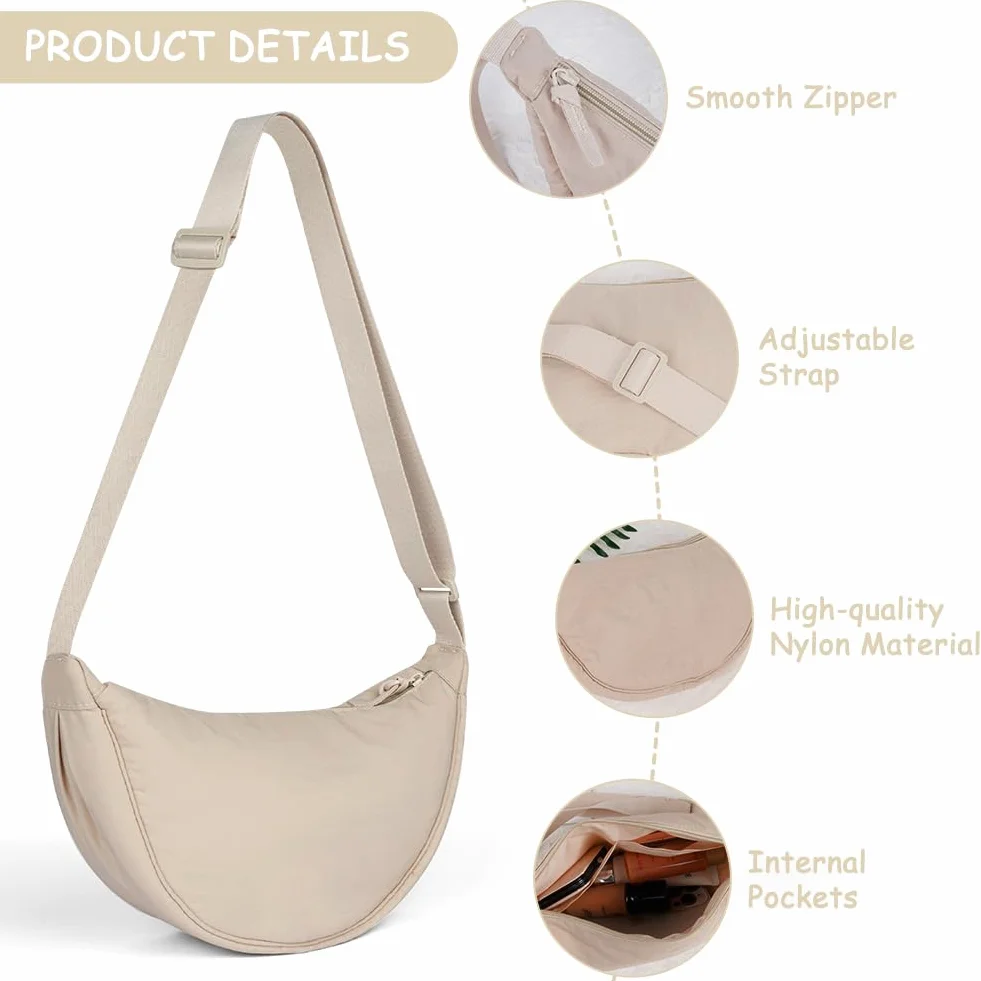 Aucuu Bolso Bandolera Para Mujer, Media Luna Impermeable Bolso Bandolera Nylon, Casual Ligero Bolsa Crossbody Mujer con correa de hombro ajustable, para Viaje, Compras, Escuela, Oficina