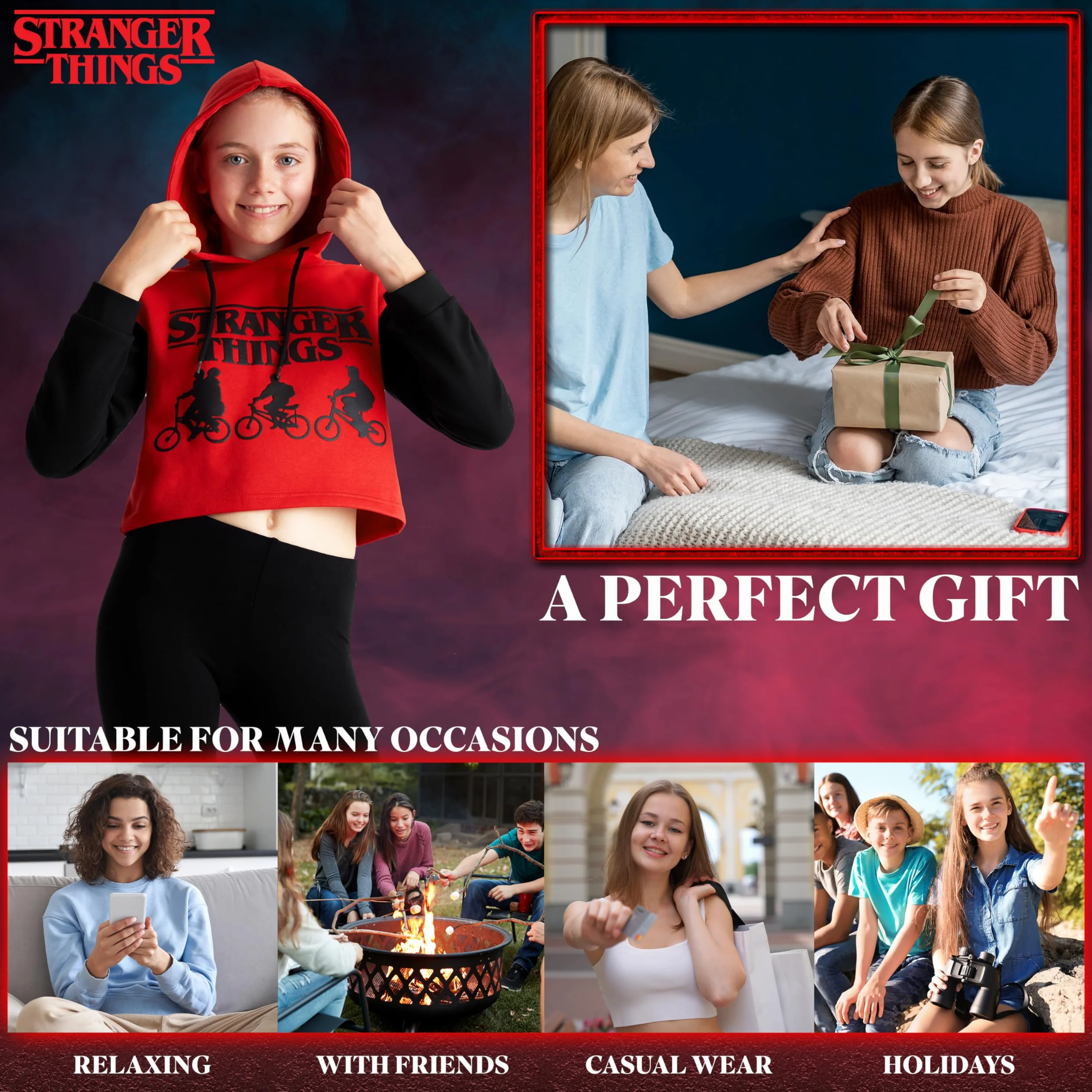 Stranger Things Sudadera Niña y Adolescentes 9-16 Años Sudadera con Capucha Regalos Cumpleaños Niños Colegio (Rojo/Negro, 14-15 Años)