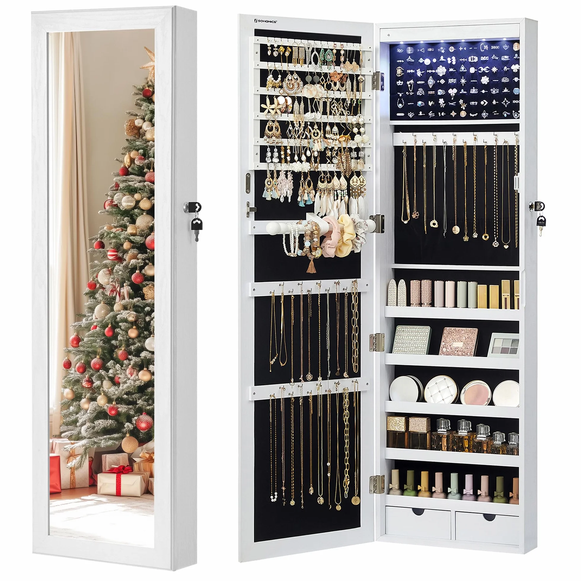 SONGMICS Armario para Joyas, Espejo Joyero de Pared, con Luces LED y Cierre, Organizador de para Pendiente, Collar, Espejo y Varios Compartimentos, Blanco con Vetas de Madera JBC93W