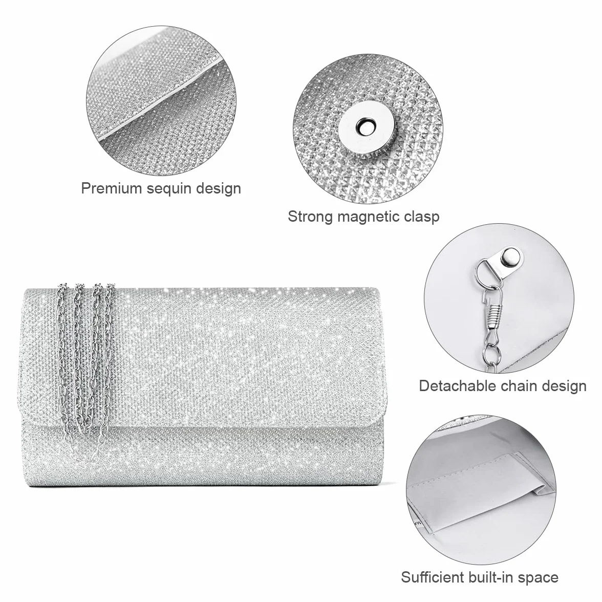 OSDUE Bolso de Mano para Mujer con Cadena Desmontable, Bolso de Hombro Cruzado con Ientejuelas y Purpurina, Bolso de Novia para Boda, Evento, Citas y Cóctel