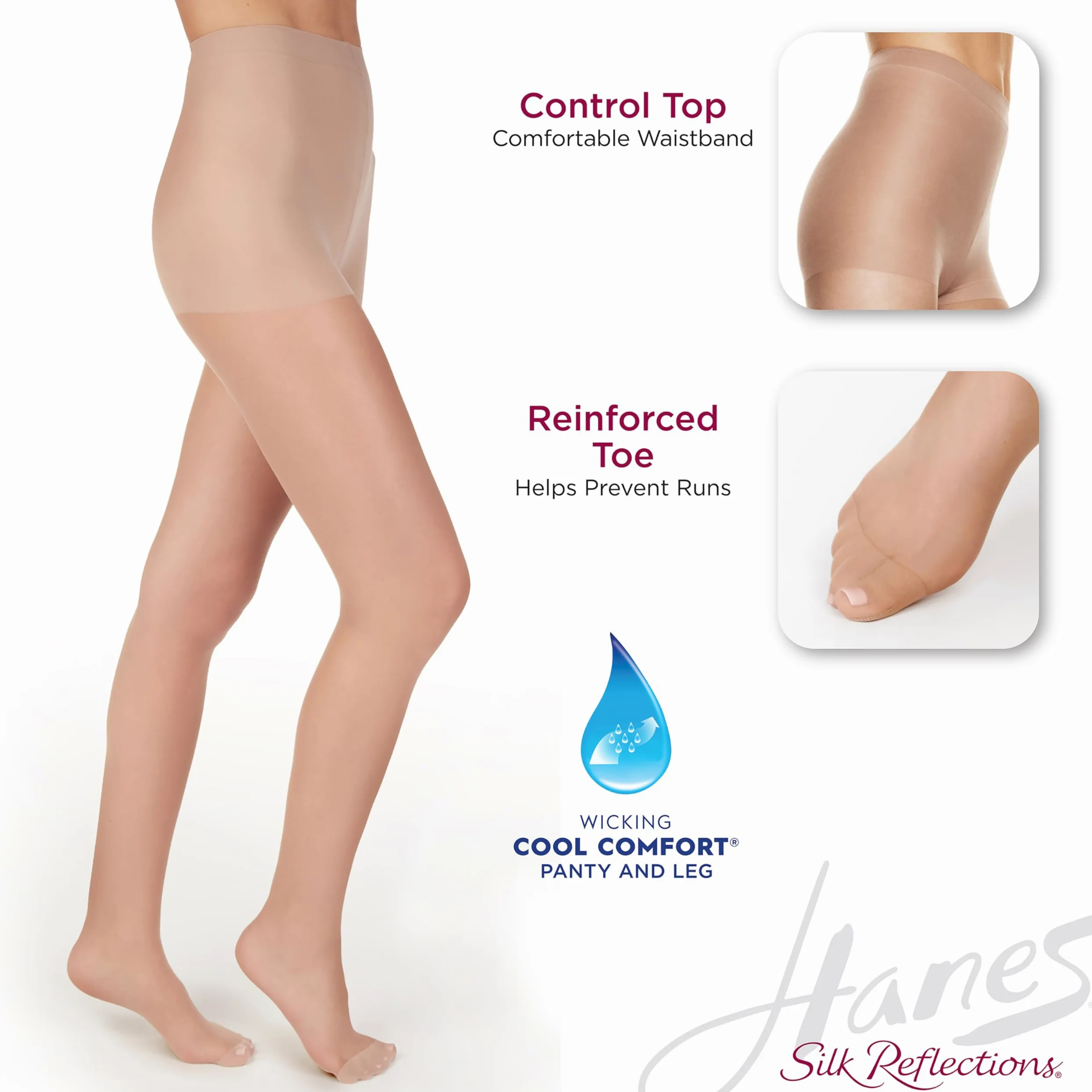 Hanes Silk Reflections Control Top Reinforced Toe Pantimedias Mujer (Pack de 1)
