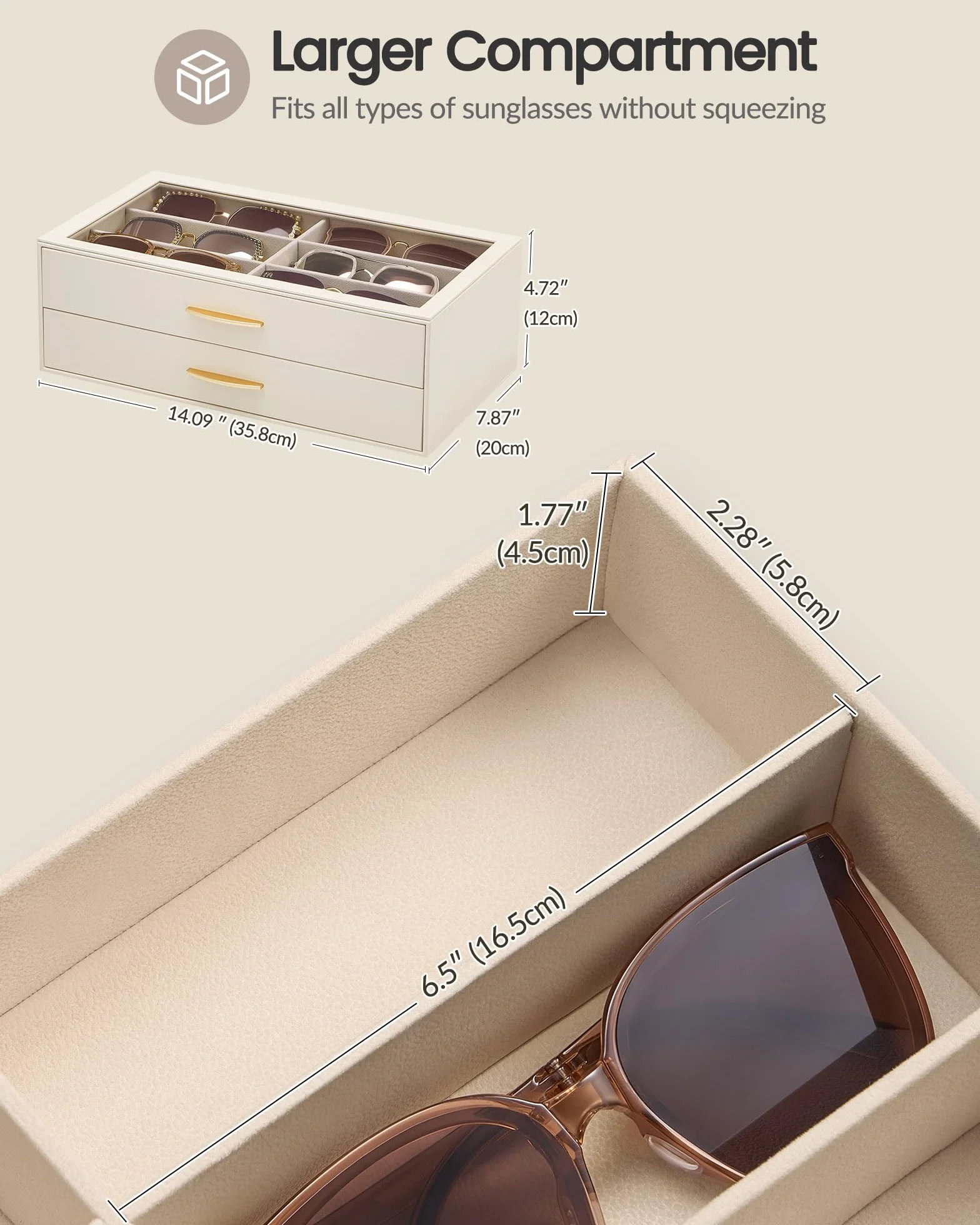 Mujer Estuche Gafas Sol PU Tapa Transparente 2 Niveles Capacidad 12 Gafas Cream