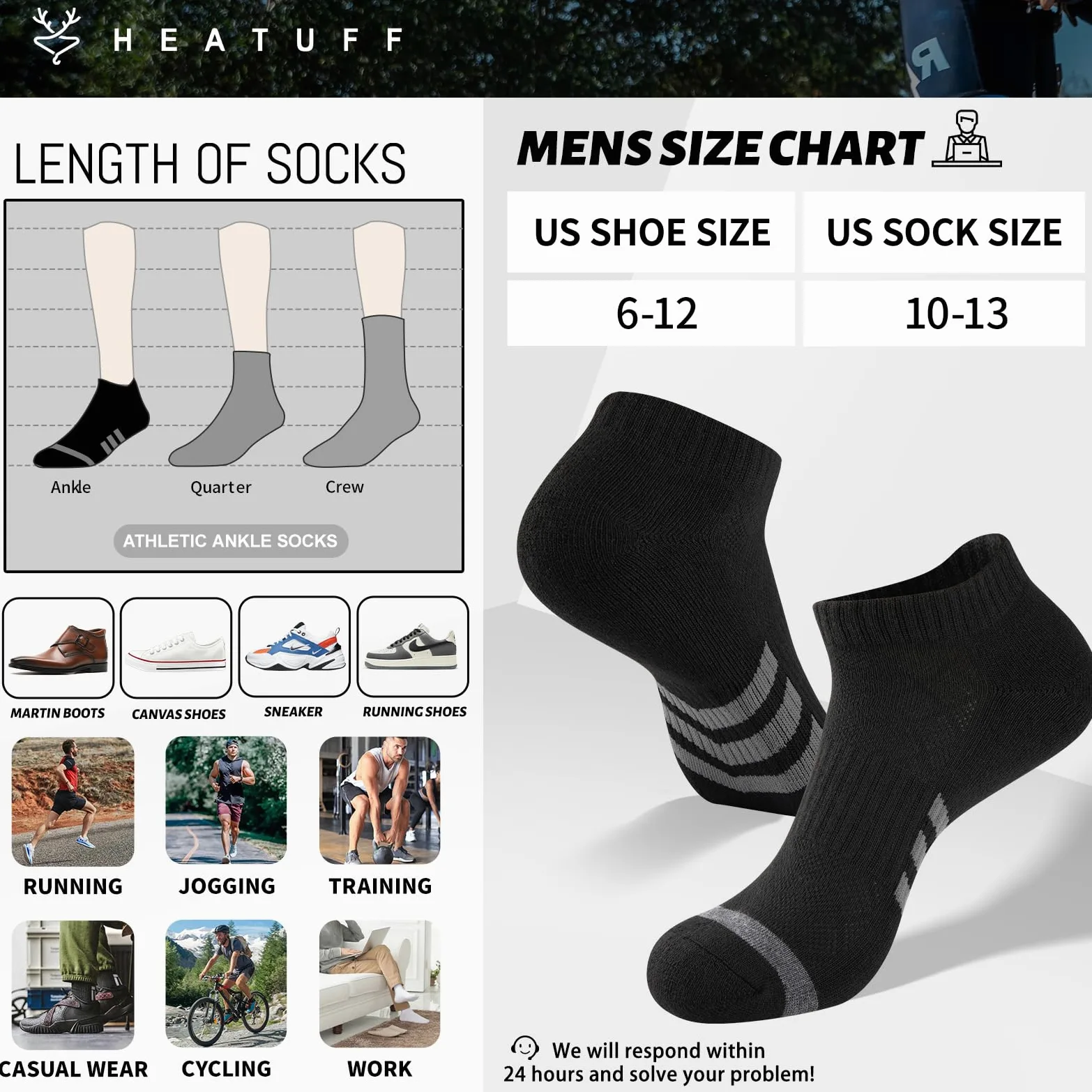Heatuff 12 pares de calcetines de tobillo acolchados para hombre, atléticos, para correr, de corte bajo, transpirables, cómodos, casuales