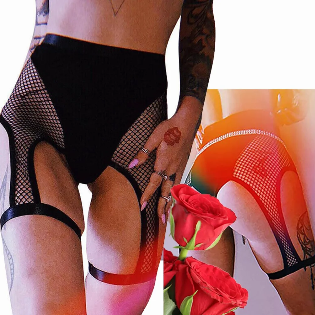 Shorts Mujer Malla Cintura Alta Sexy Pantalones Cortos Elásticos Negro Ropa Deportiva con Arnés Pierna