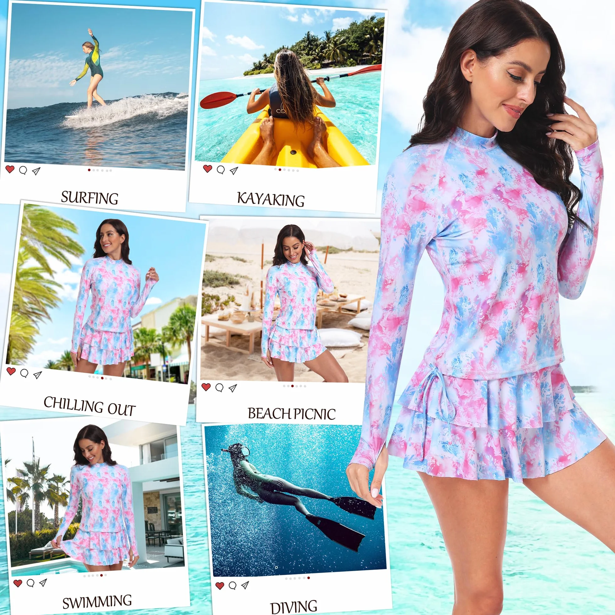 UNIQUEBELLA Camiseta de Surf Mujer UPF 50+ Protección UV Manga Larga Traje de Baño Rash Guard Tankini