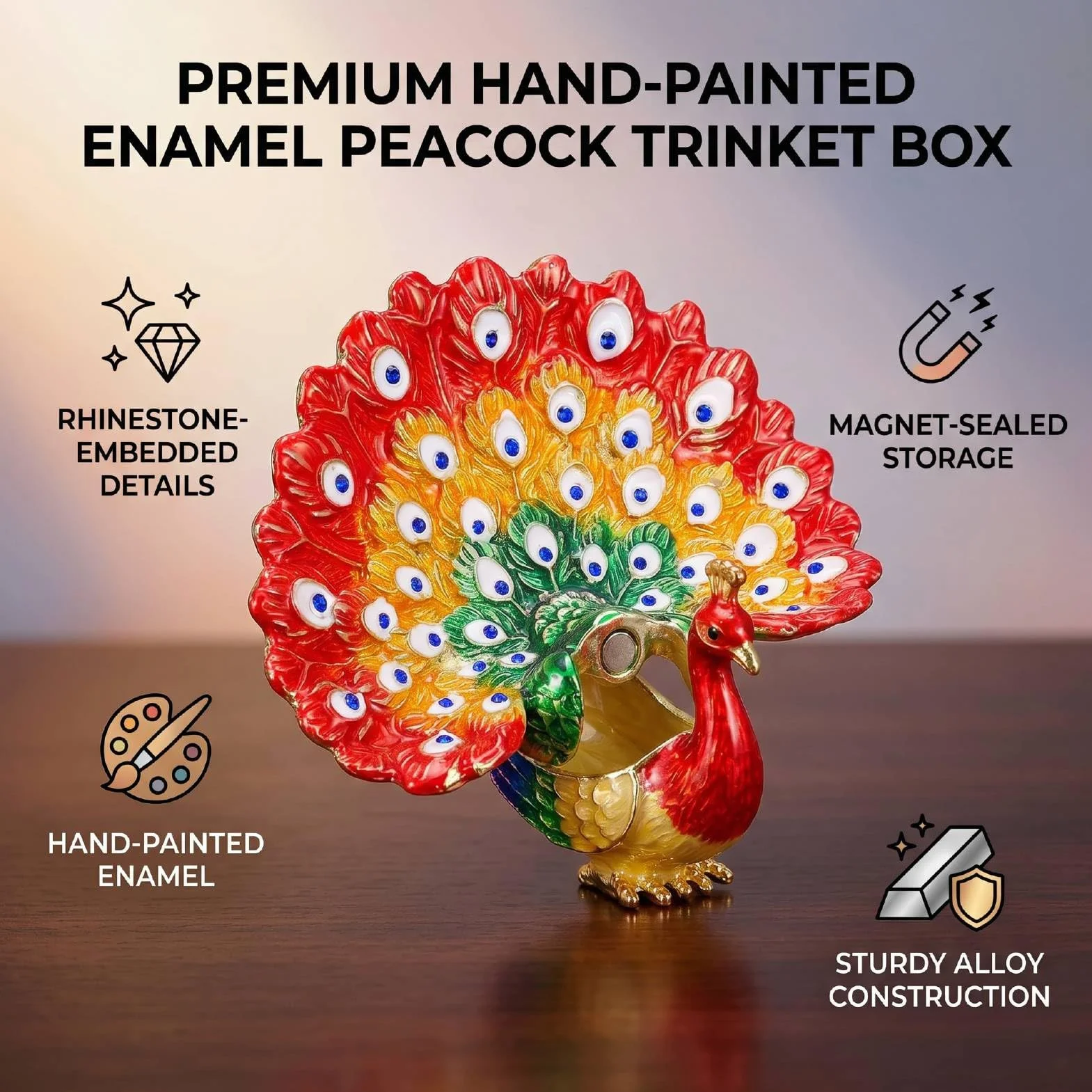 Luocute Caja de Baratija de Pavo Real Esmaltada, Joyero Pintado a Mano con Diamantes de Imitación y Cierre Magnético, para Decoración del Hogar (rojo)