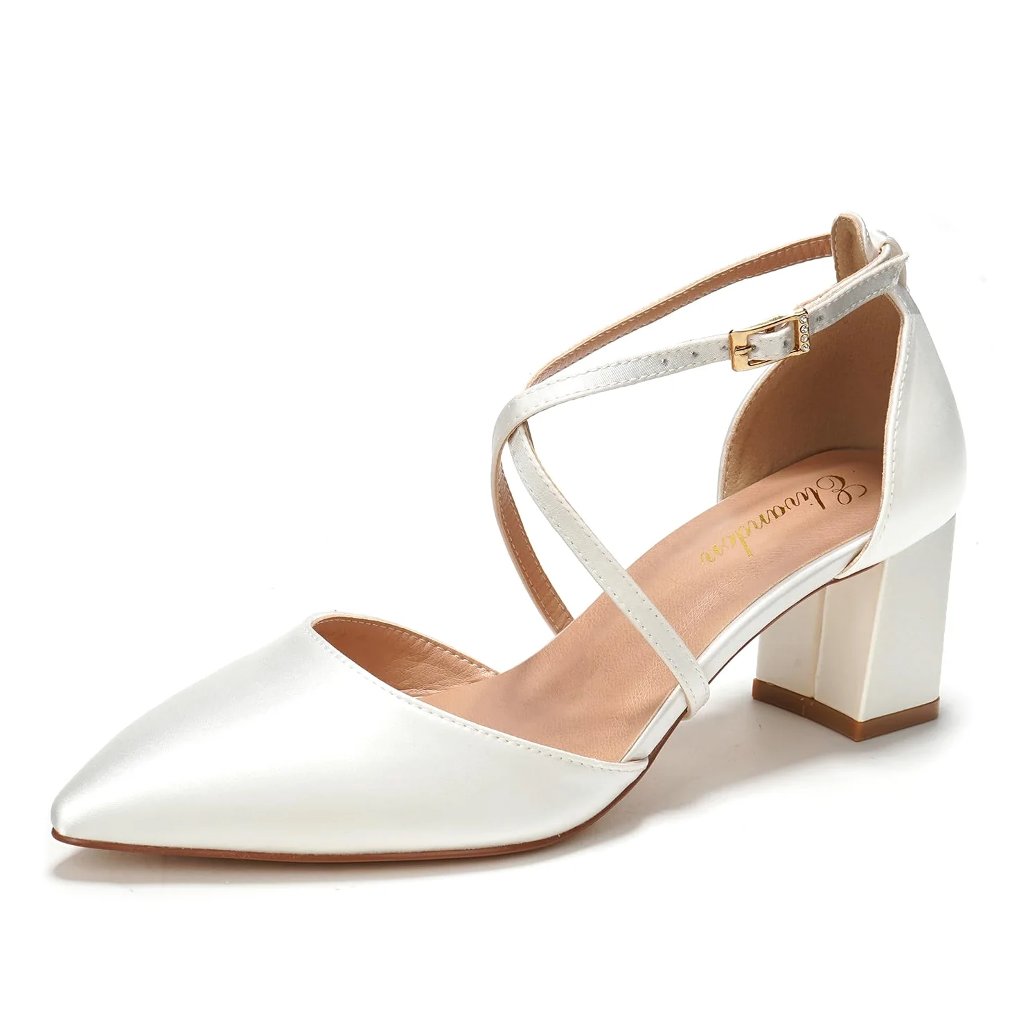 Elivandon J1586 Mujer Satén Punta Puntiaguda Tacón Medio 6cm Sandalias Noche Tacón Ancho Nupcial Boda Zapatos Tira Larga