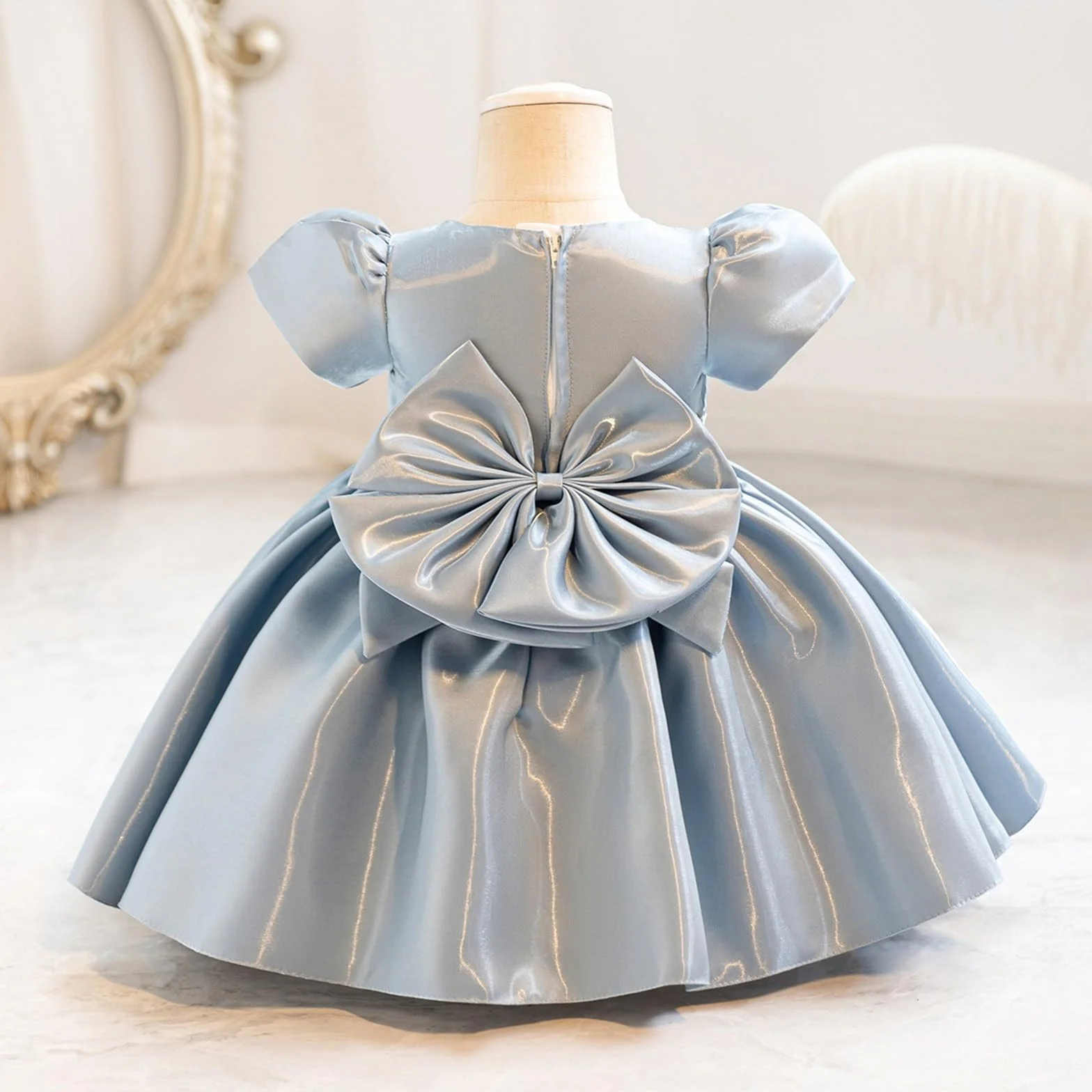 Vestido de fiesta niña princesa lazo manga abombada brillante tul elegante bautizo boda cumpleaños comunión baile