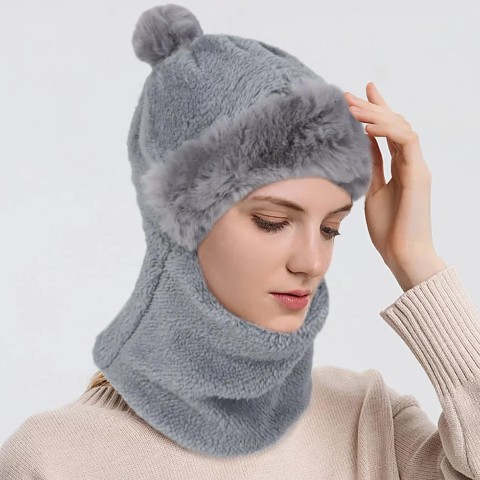 Gorro de Invierno con Pasamontañas Mujer Cálido Prueba de Viento Bufanda de Sombrero con Forro y Pompom para Esquí al Aire Libre