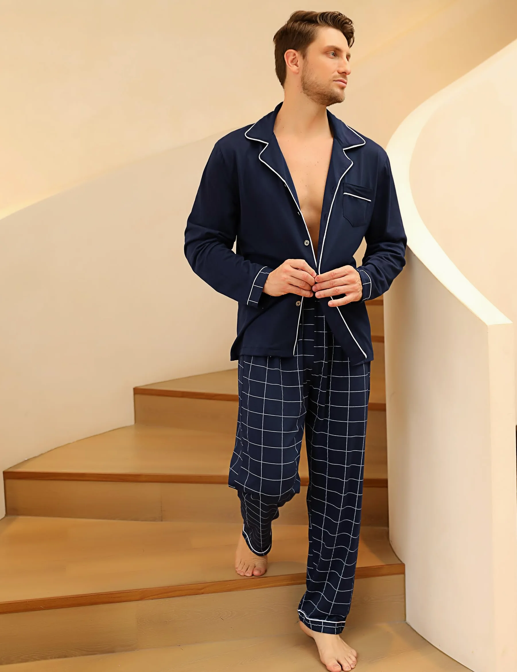 Bresdk Pijama Hombre Invierno Algodon con Botones Largos Manga Larga | Dos Piezas