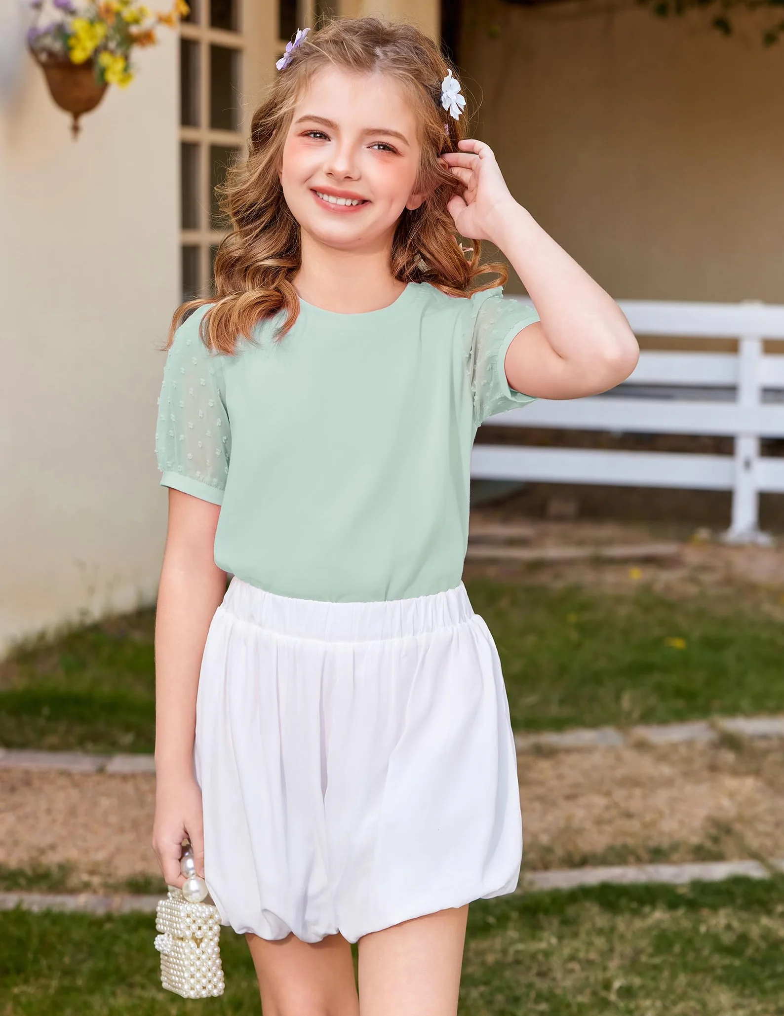 Arshiner Niñas Camisetas Mangas de Gasa Niños Verano Algodón Ocio Elegante T- Shirt Cuello Redondo Manga Corta para Niñas 5-13 Años