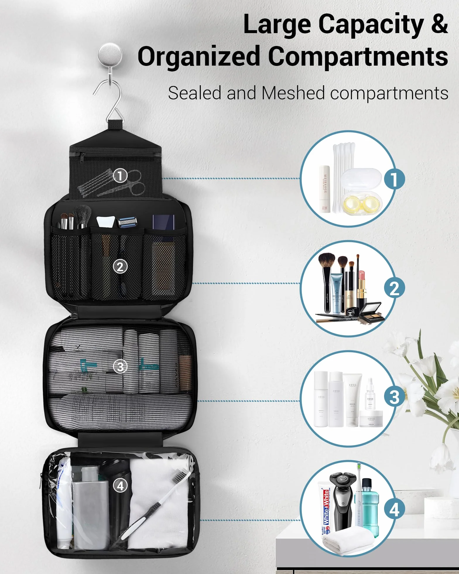 Maliton Neceser Viaje,Neceser Hombre Mujer,Impermeable De Gran Capacidad Neceser Maquillaje,con 4 Compartimentos Y Gancho Giratorio De 360°,para BañO Y Almacenamiento