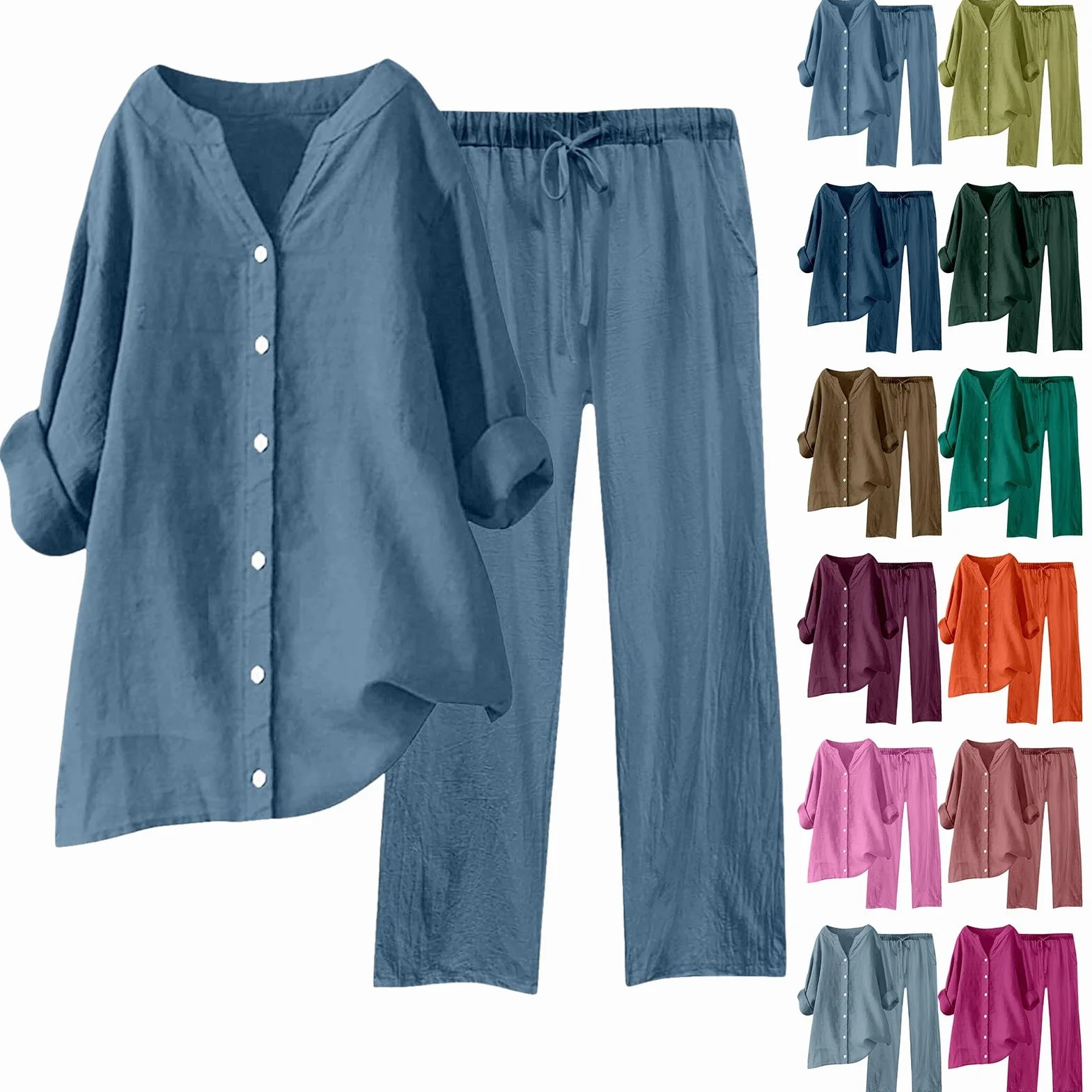 Conjunto Lino Mujer Elegante Dos Piezas Traje de Primavera Camisa Manga Larga con Botones y Pantalones Largo Piernas Anchas Chándal Ropa de Casa Casuale Color Sólido