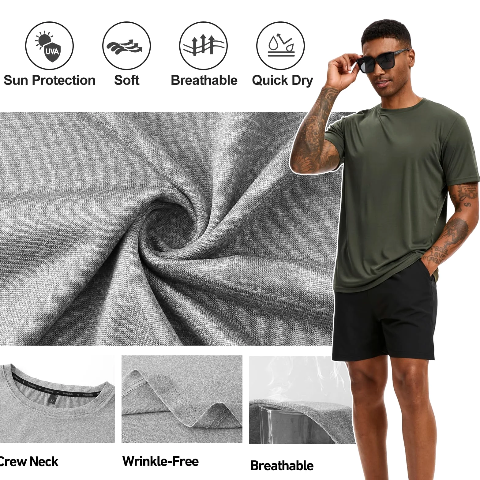 Paquete de 5 camisetas de entrenamiento para hombre, camisetas de secado rápido, protección solar UPF 50+, camisetas atléticas de manga corta, absorben la humedad